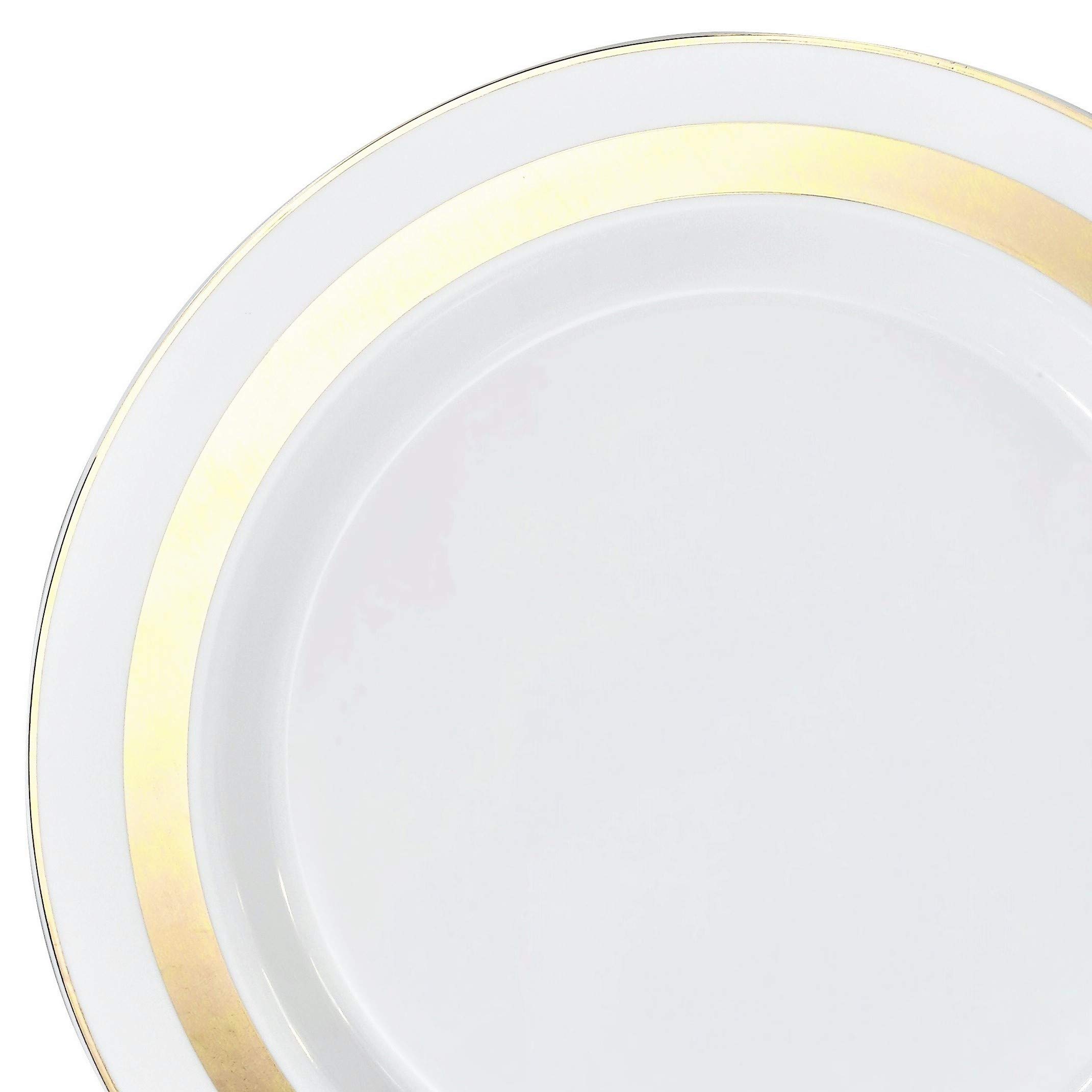 120 Heavyweight Disposable Plastic Plates for Wedding & Party - 10.5'' Dinner Plates in Elegant Soleil White & Gold - Perfect for Catering, Birthday Celebrations and Special Events