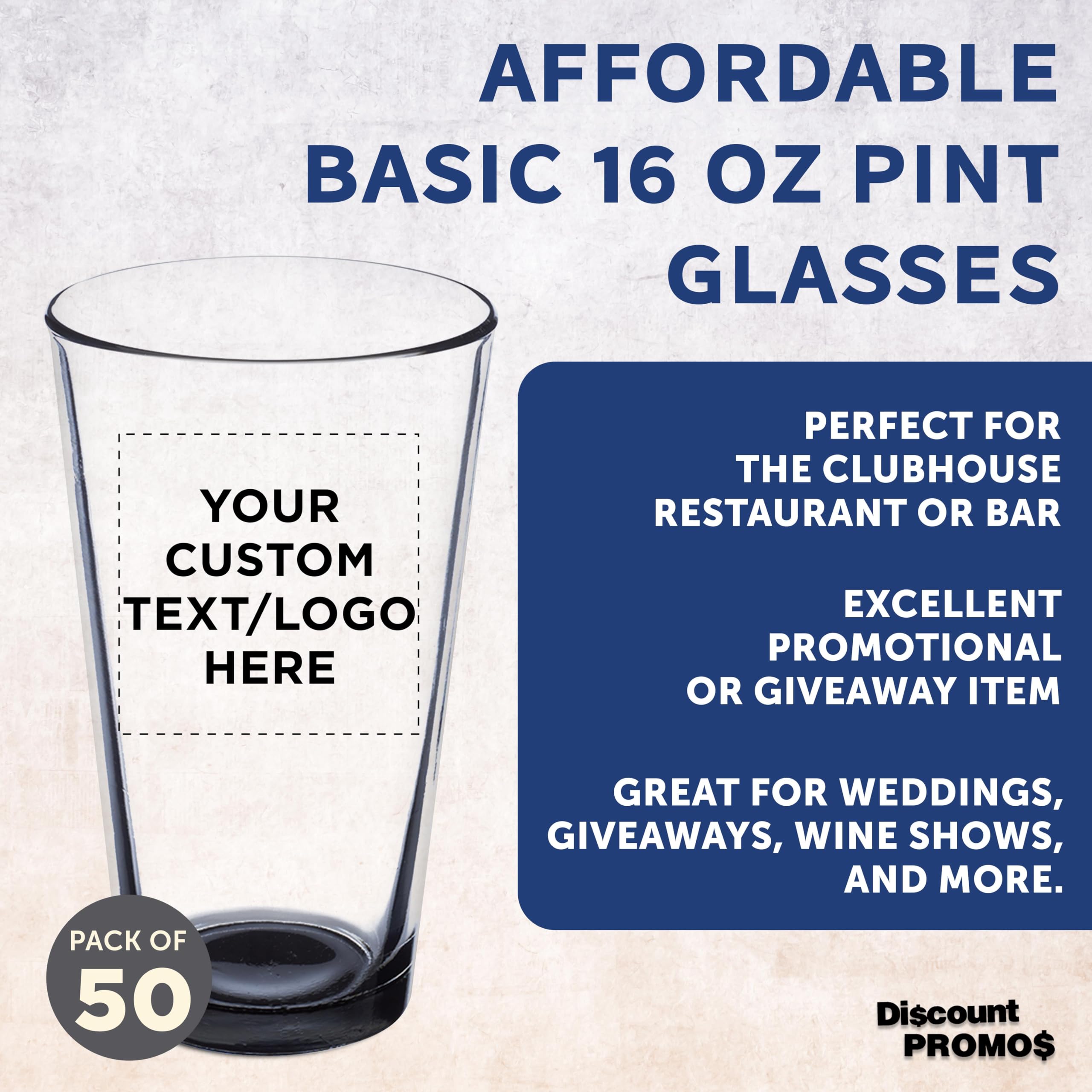 Custom 16 oz Beer Pint Glasses - Bulk Set of 50 Personalized Bar Glasses with Thick Base & Walls | Heavy Duty Stackable Glassware for Restaurants, Bars & Home Use | Perfect for Commercial Establishments, Parties & Gifts