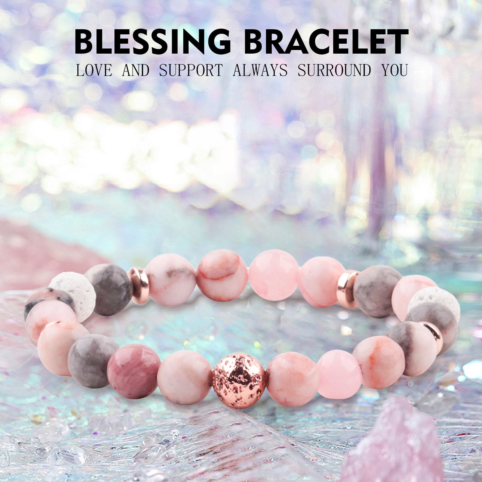 Natural Stone Healing Relaxation Bracelets for Women - Get Well Soon Gifts After Surgery or Illness - Soothing Bracelet with Meaningful Message Card & Gift Box (Pink Zebra) - Perfect for Recovery, Stress Relief & Positive Energy