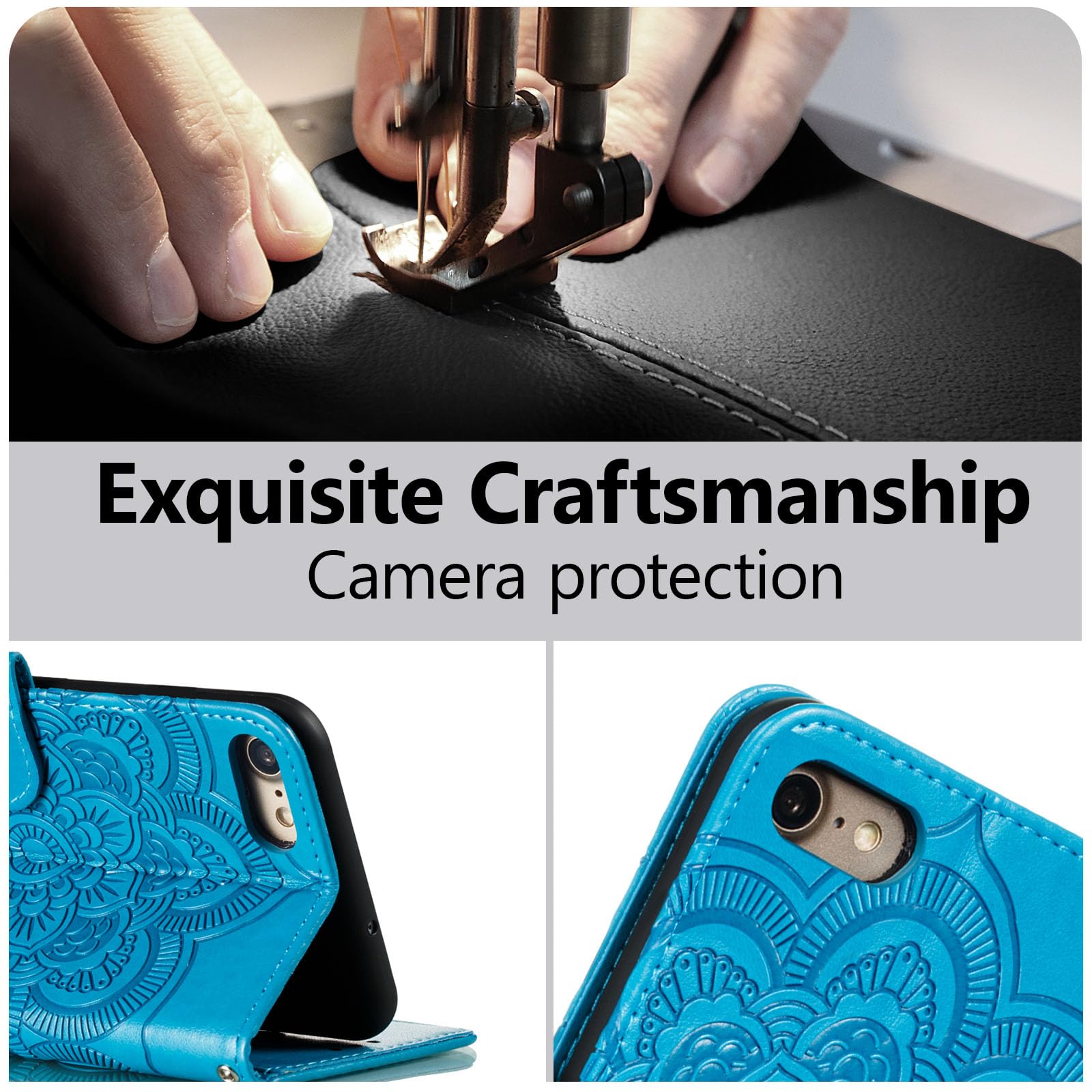 Premium EYZUTAK Mandala Leather Flip Wallet Case for iPhone SE (5G) 2022/iPhone 7/8/SE 2020 - Slim Magnetic Stand Cover with Card Slots & Lanyard (Blue Embossed Design) | Perfect for Daily Use, Travel & Business Meetings