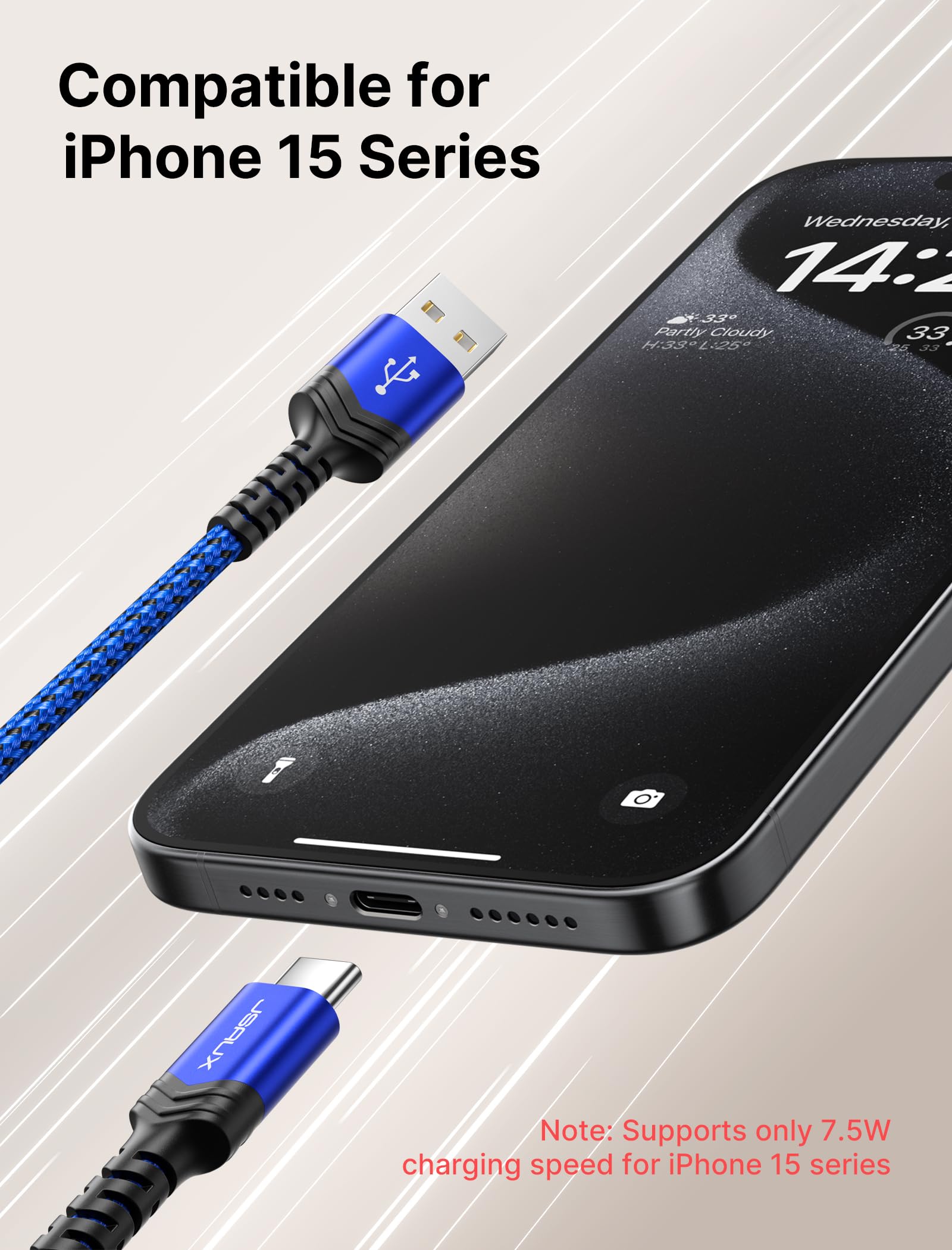 JSAUX USB C to USB A Fast Charging Cable 2-Pack 10ft, 3.1A High-Speed Charger Cord Compatible with iPhone 15 Series, Samsung Galaxy S20/S10/S9, Note 20/10, LG G8/G7/V30 - Blue | Perfect for Home, Office & Car Charging