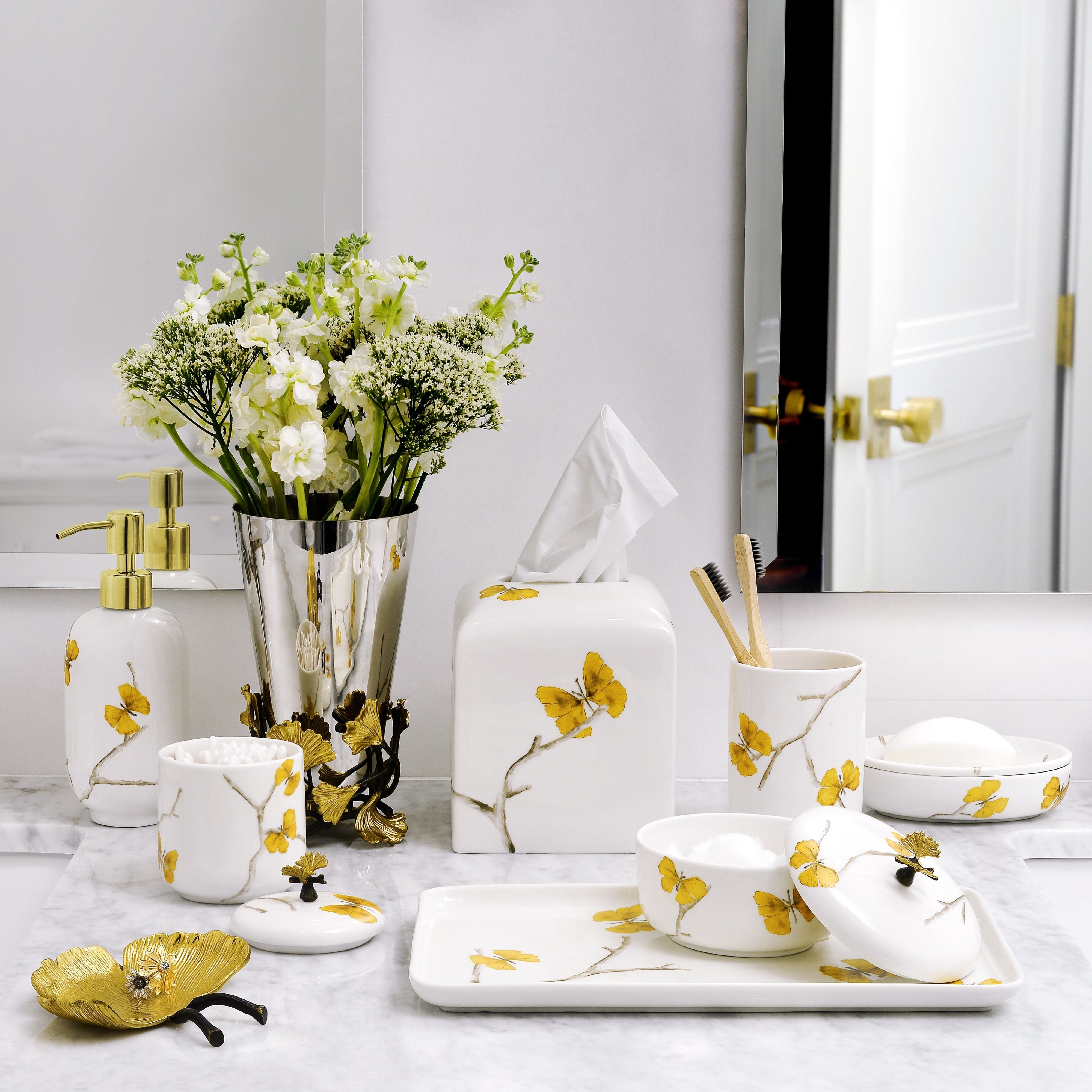 Butterfly Ginkgo Porcelain Bathroom Set - Elegant Soap Dish, Toothbrush Holder & Tumbler for Spa-Like Luxury at Home
