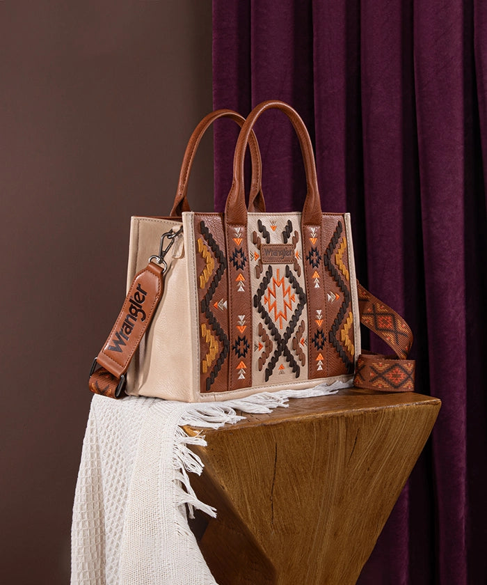 Wrangler Aztec Embroidered Whipstitch Tote Bag for Women - Stylish Boho Shoulder Bag for Travel, Beach & Shopping