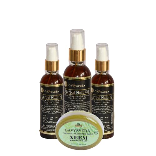 Gavyaveda Herbal Hair Oil & Free Handmade Neem Soap Combo - Natural Ayurvedic Hair Growth Treatment & Organic Skin Care for Dry Scalp & Dandruff - Perfect for Daily Hair & Body Care Routine