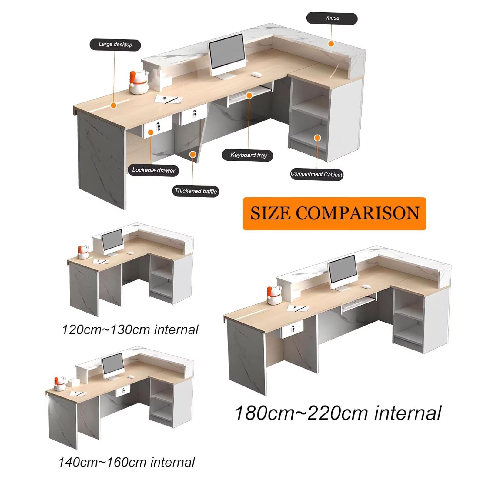 Modern Reception Desk with Counter - L-Shaped Front Desk with Lockable Drawer & Cabinet (79 Inch/200CM) - Perfect for Office Lobby, Hotel Reception & Retail Checkout Counter