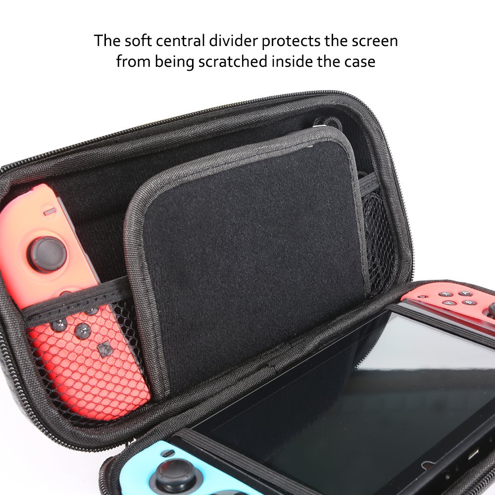 Premium Carbon Fiber Hard Travel Case for Nintendo Switch with 2 Pack Tempered Glass Screen Protectors | Durable Protective Shell & Carry Pouch in Blue | Perfect for Gaming On-The-Go & Travel Protection