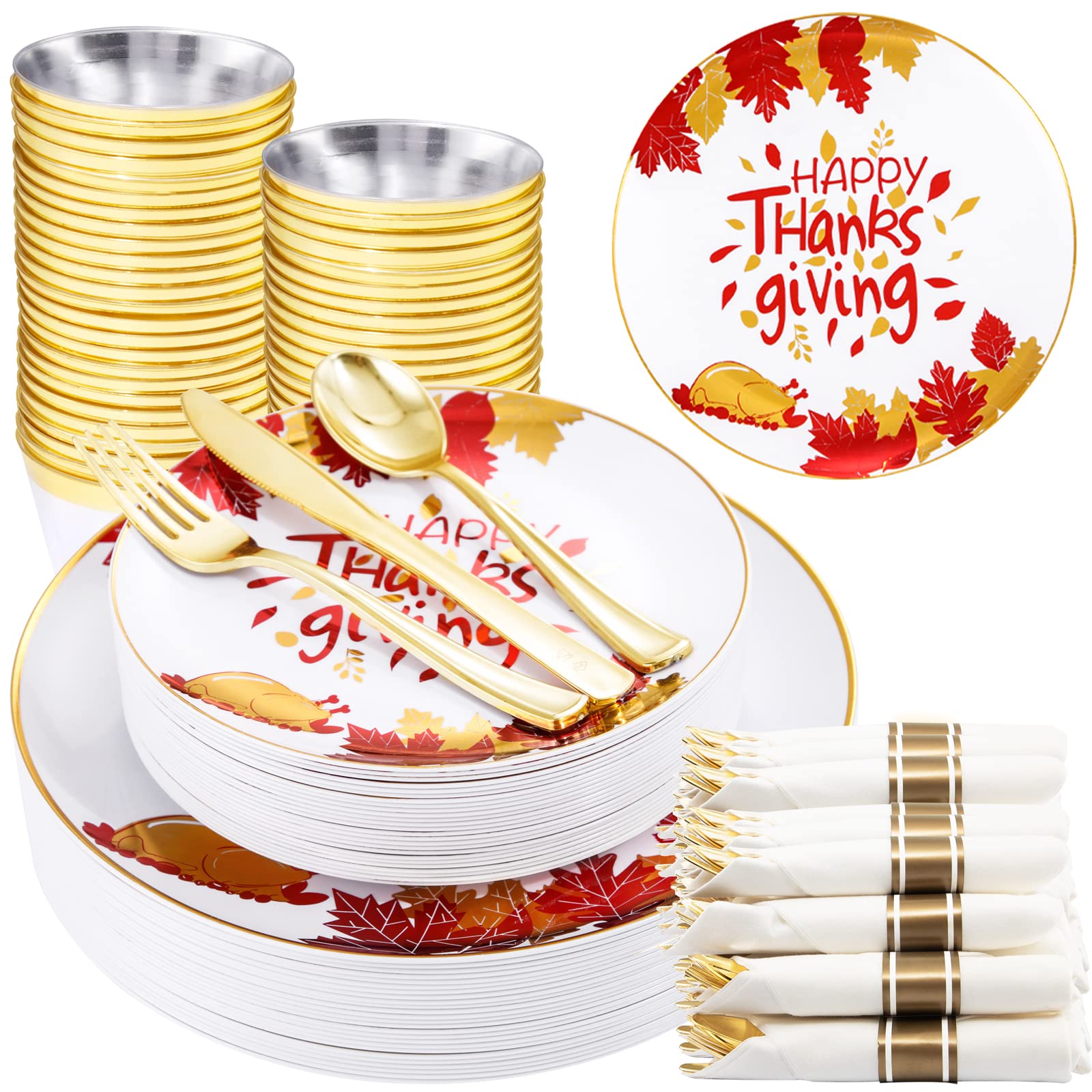 175-Piece Thanksgiving Plastic Dinnerware Set - Gold Disposable Plates, Dessert Plates, Napkins & Cups for Holiday Parties, Family Gatherings & Festive Celebrations