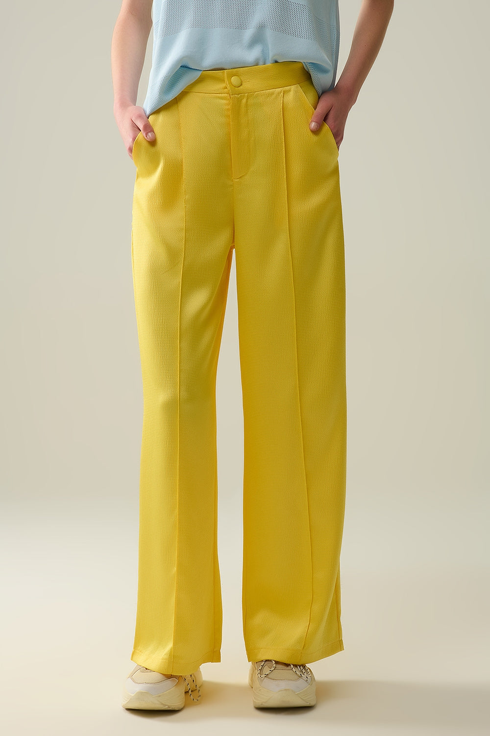 Textured Satin Yellow Wide Leg Pants for Women - Elegant & Comfortable Lounge Wear for Home, Office & Evening Out