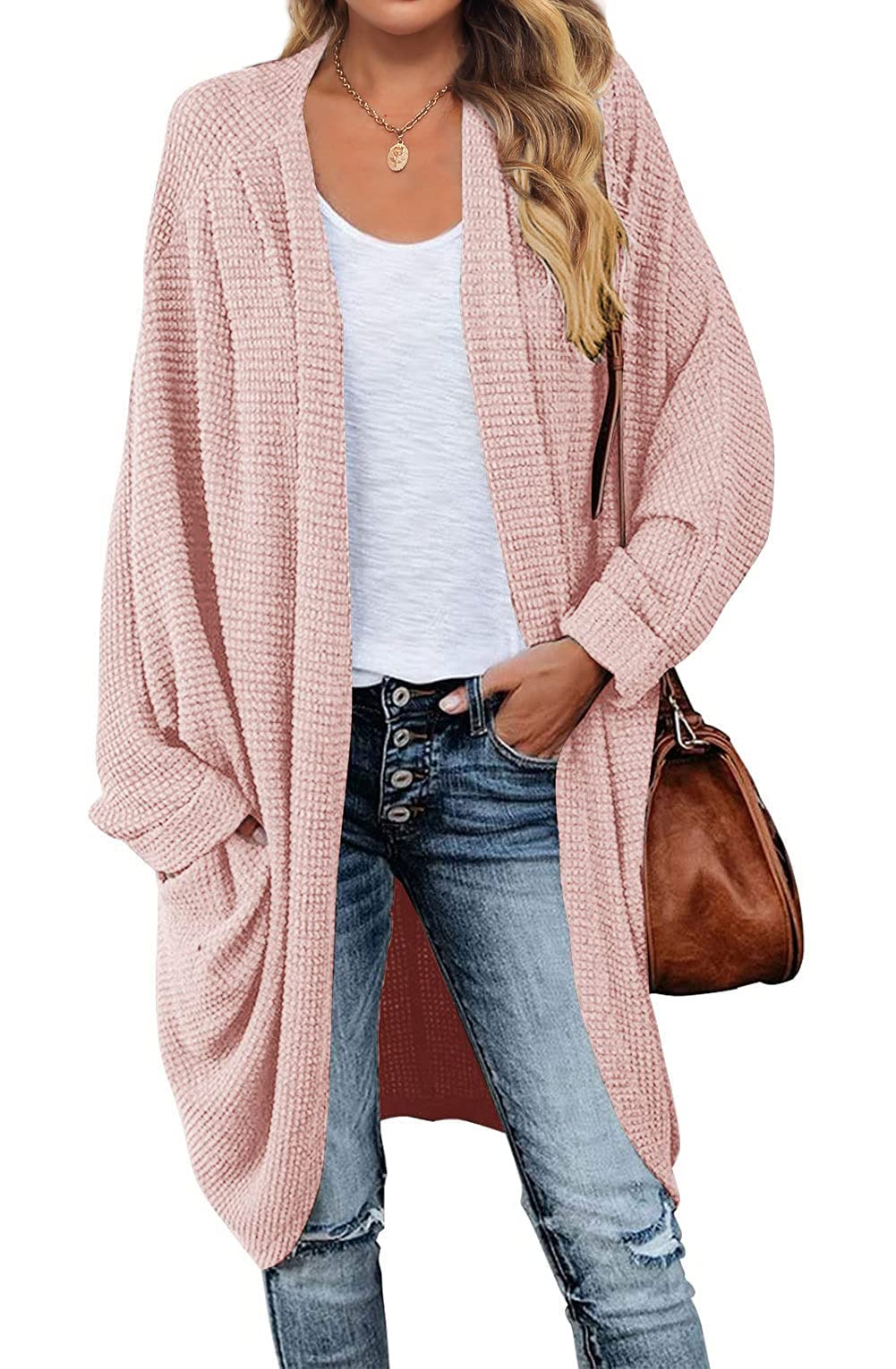 MEROKEETY Women's Waffle Knit Batwing Long Sleeve Cardigan - Loose Open Front Sweater Coat for Fall & Winter - Cozy Casual Outfit for Work, Travel and Daily Wear
