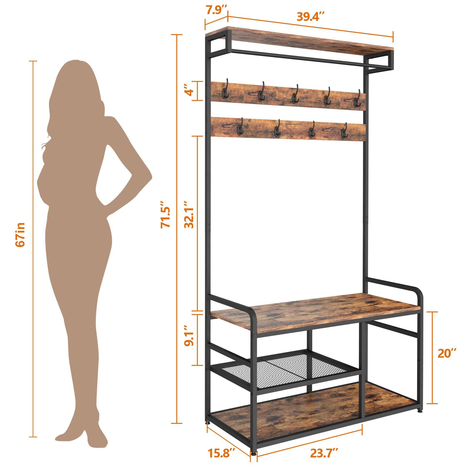 Industrial Hall Tree Coat Rack with 9 Hooks & Storage - Rustic Brown Entryway Organizer for Shoes, Coats & Accessories - Perfect for Mudroom, Foyer or Small Space Entryway Organization