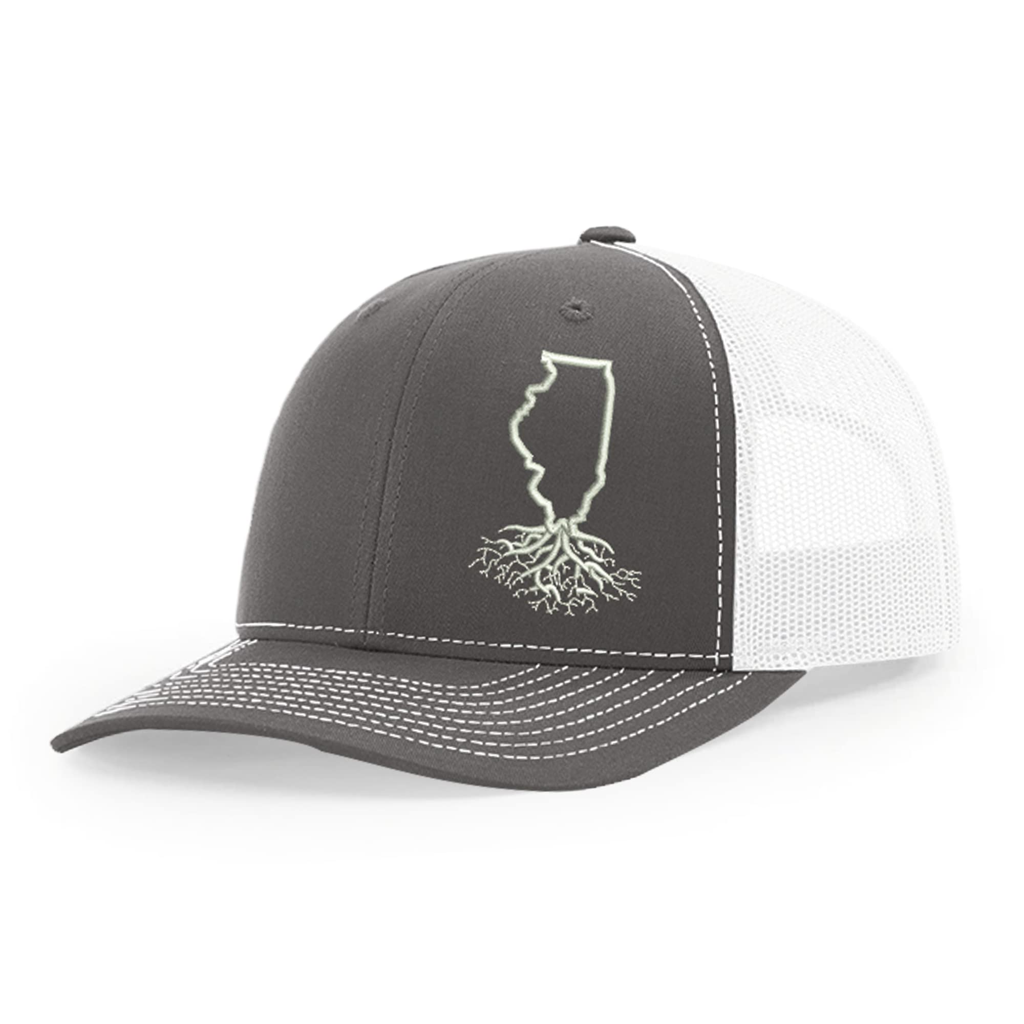 Illinois Roots Snapback Hat - Stylish Unisex Baseball Cap with Mesh Back, Polyester Cotton Six-Panel Trucker Hat, One Size Fits Most (Charcoal & White) - Perfect for Casual Wear, Outdoor Activities & Sports Events
