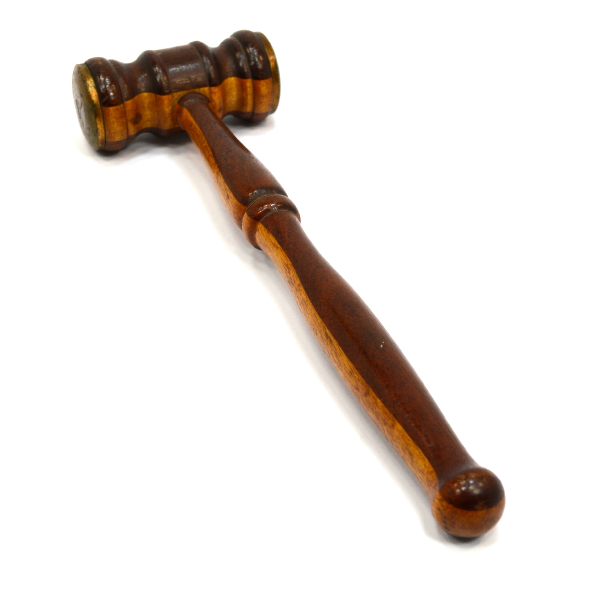 Antique 2-Tone Turned Hardwood Gavel - Mahogany & Oak with Brass Face Plates | Beautiful Courtroom & Auction Hammer for Judges, Collectors & Legal Professionals
