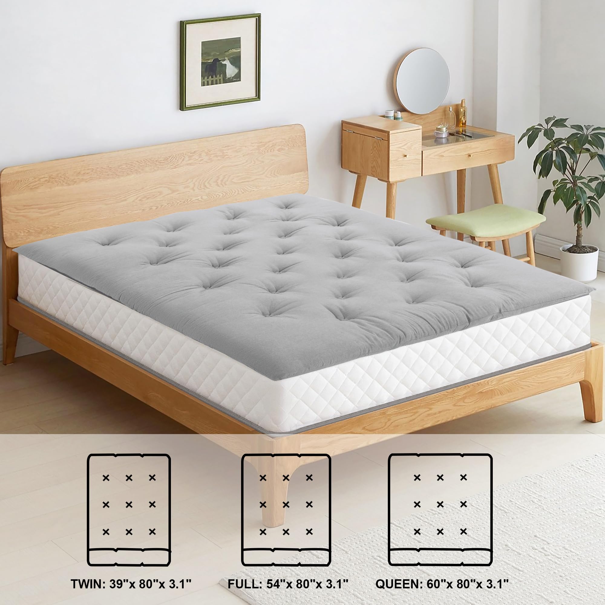 Japanese Floor Mattress Twin Size - Foldable Tatami Mat with 100% Cotton Shell - Futon Mattress & Dorm Sleeping Pad - Roll Up Floor Lounger Bed for Adults & Kids (Grey, 80
