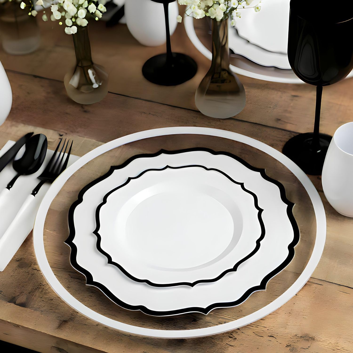 Modern Black Rim Clear Glass Plates Set of 32 (7.5