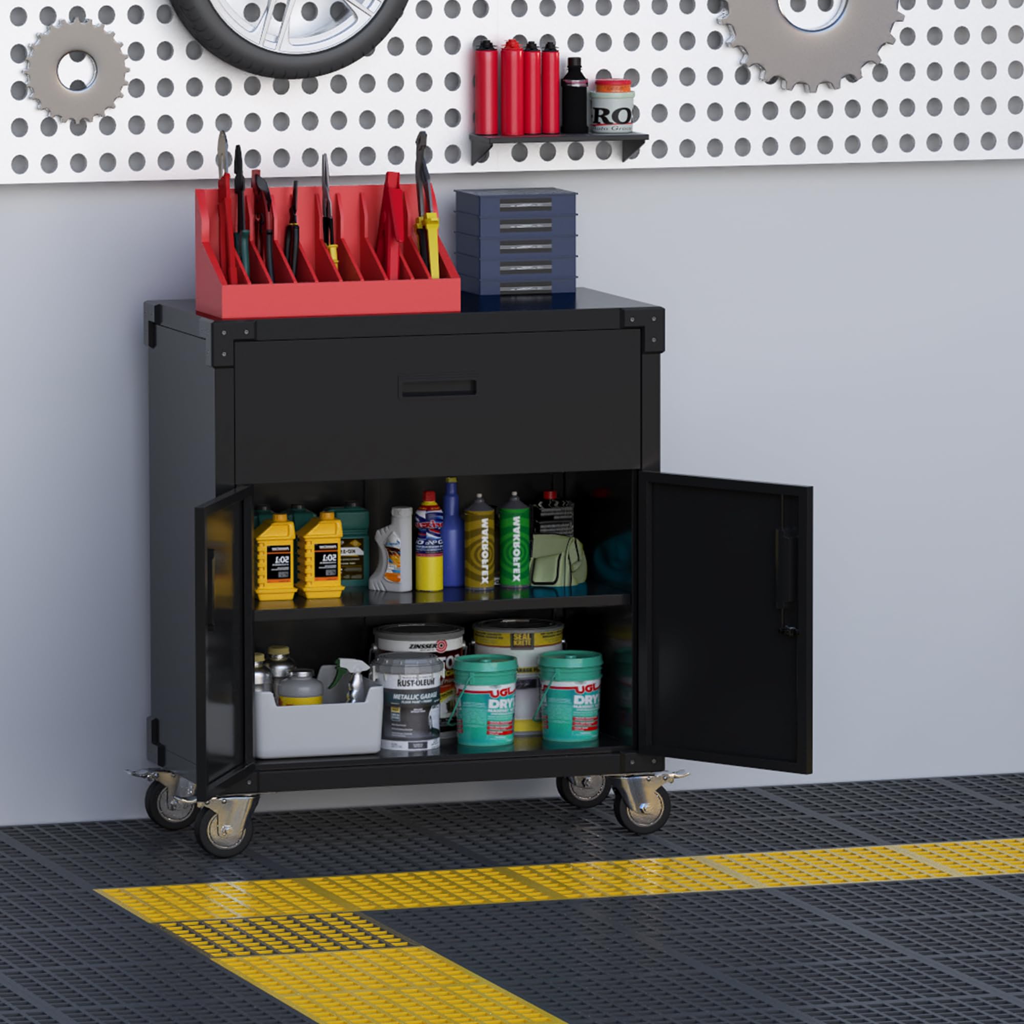 Heavy-Duty Metal Garage Storage Cabinet with Wheels - 2 Doors & 1 Drawer Mobile Steel Utility Cabinet for Garage, Workshop, Home & Office Organization - Easy Assembly (Black) | Perfect for Tools, Cleaning Supplies & Home Storage Solutions