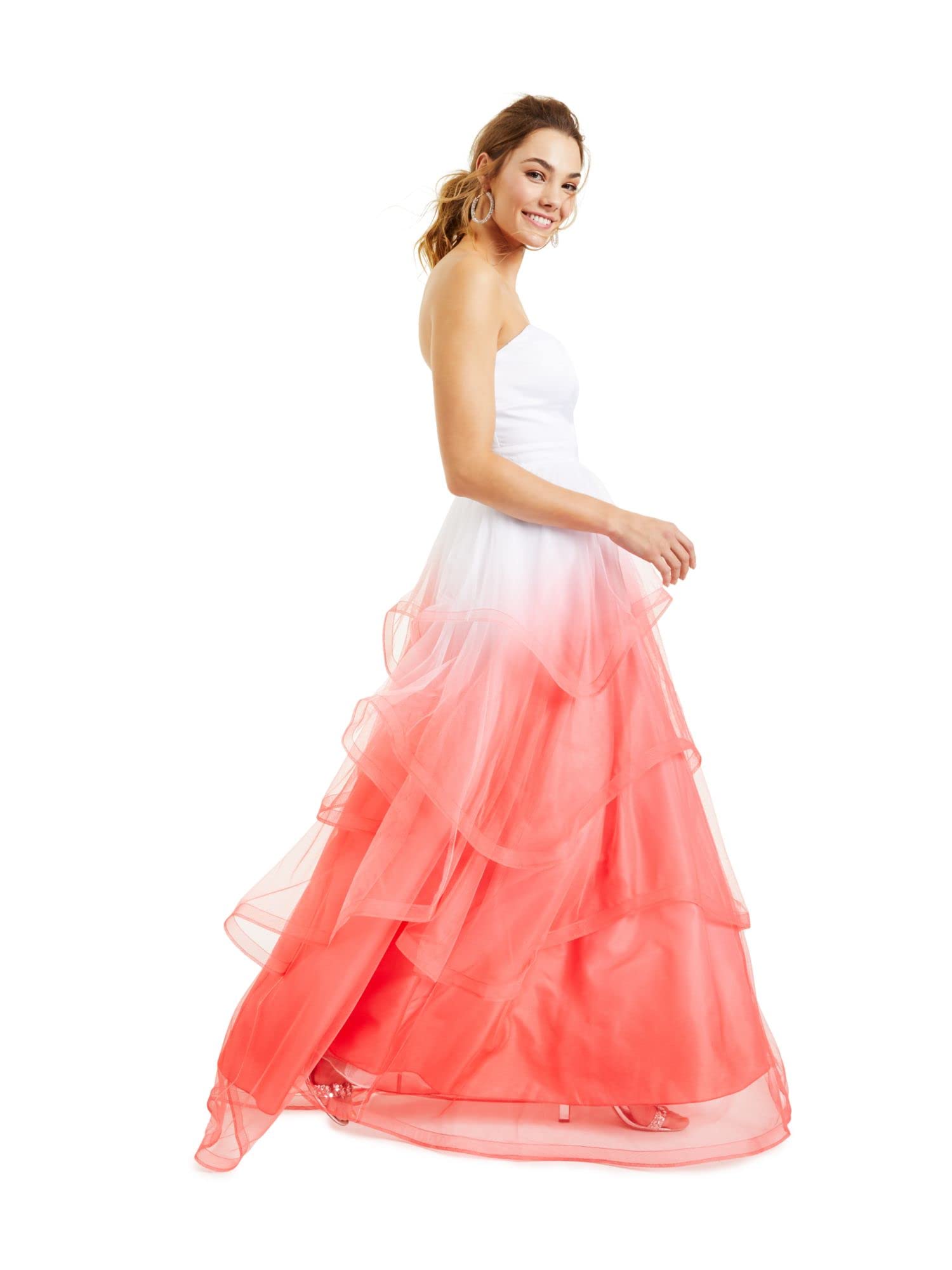 Crystal Dolls Women's Coral Ombre Strapless Formal Fit & Flare Gown - Elegant Evening Dress for Prom, Wedding & Special Occasions