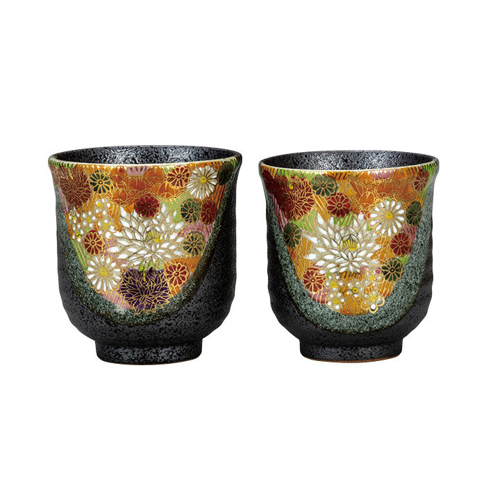 Kutani Ware Hanazume Gold Floral Paired Yunomi Teacups - Japanese Traditional Ceramic Tea Cups for Matcha & Green Tea - Perfect for Tea Ceremonies, Home Decor & Gift Giving