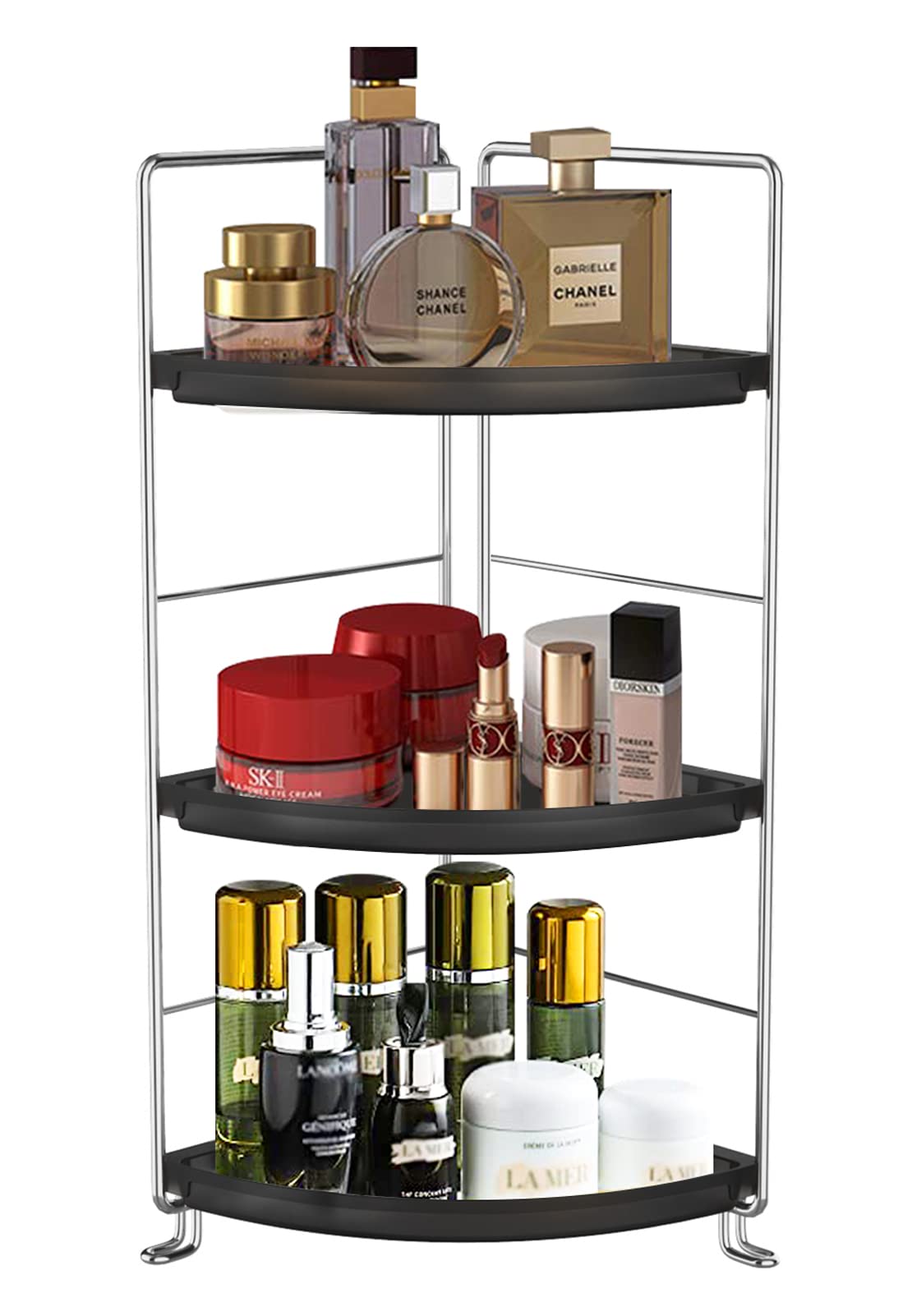 3-Tier Corner Bathroom Organizer Shelf - Stackable Storage for Cosmetics, Makeup, Kitchen Spices | Space-Saving Countertop Organizer for Bathroom Vanity, Kitchen Counter & Sink Area - Black