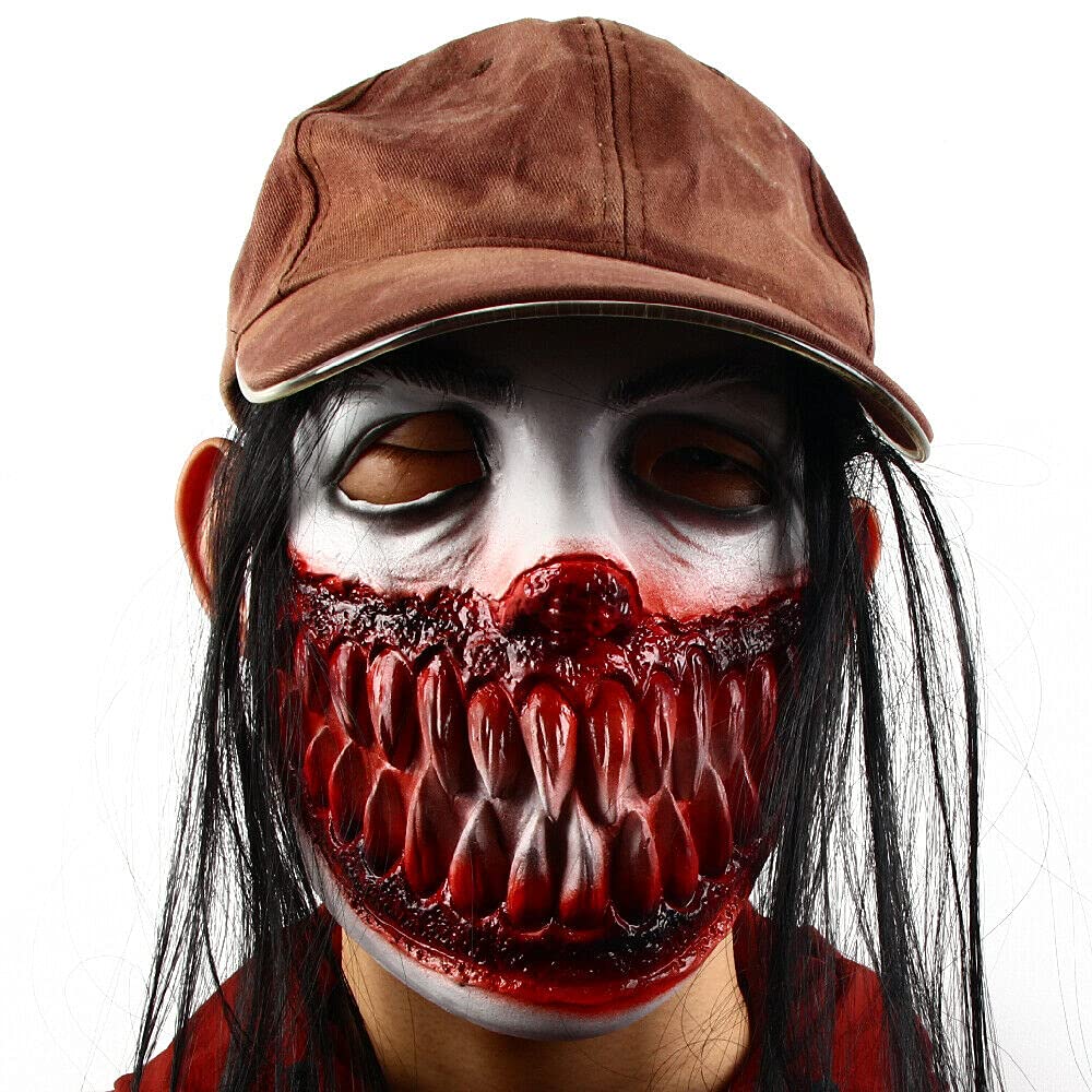 Scary Teeth Halloween Mask with Hair - Realistic Bloody Face Mask for Adults, Horror Costume Accessory for Halloween Parties & Haunted Houses