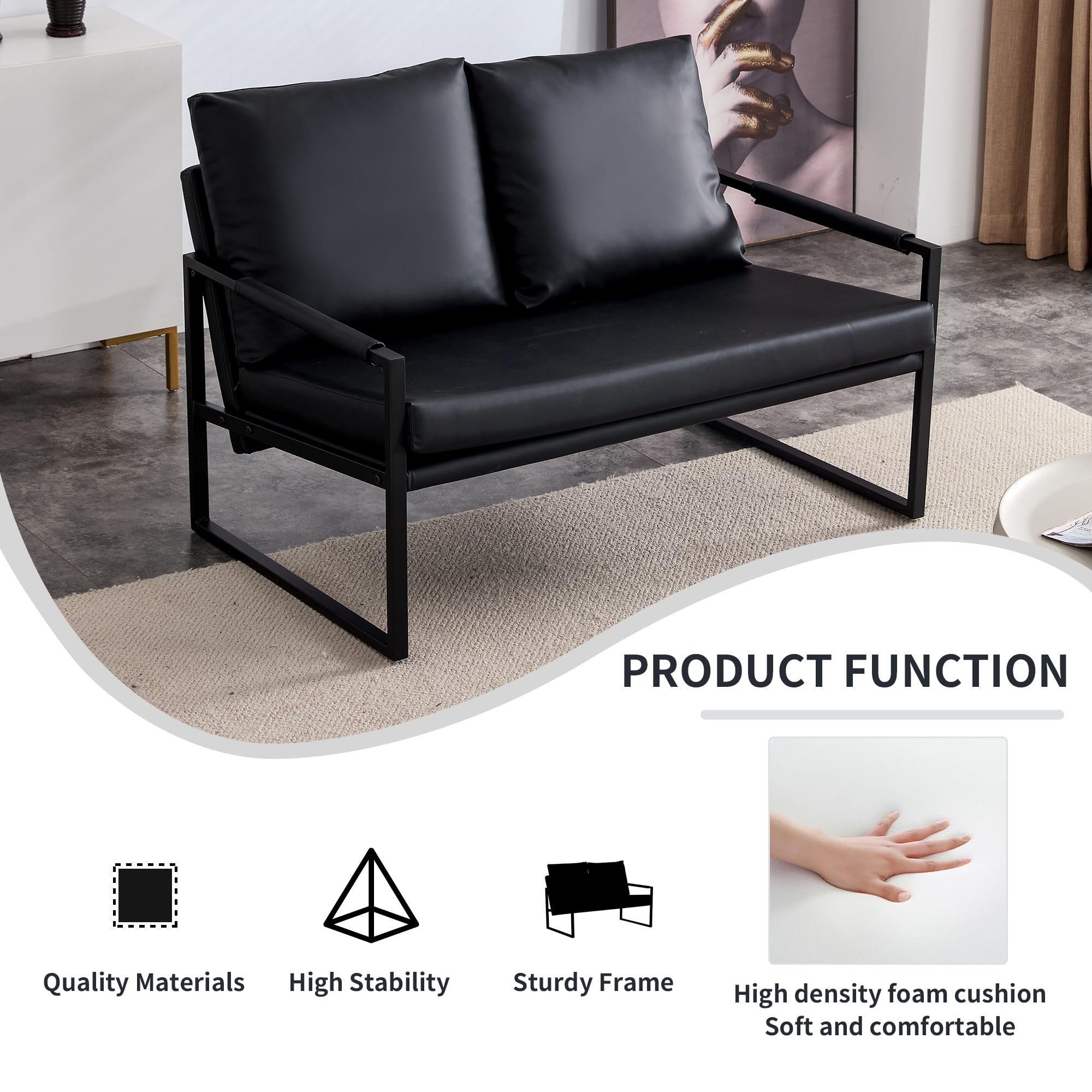 Rustic Faux Leather Loveseat Sofa Bed - Convertible Sleeper Couch for Small Spaces, Guest Room & Apartment with Sturdy Metal Frame & Plush Cushions - Easy Assembly (Black) | Perfect for Studio Apartments, Dorm Rooms & Cozy Living Spaces