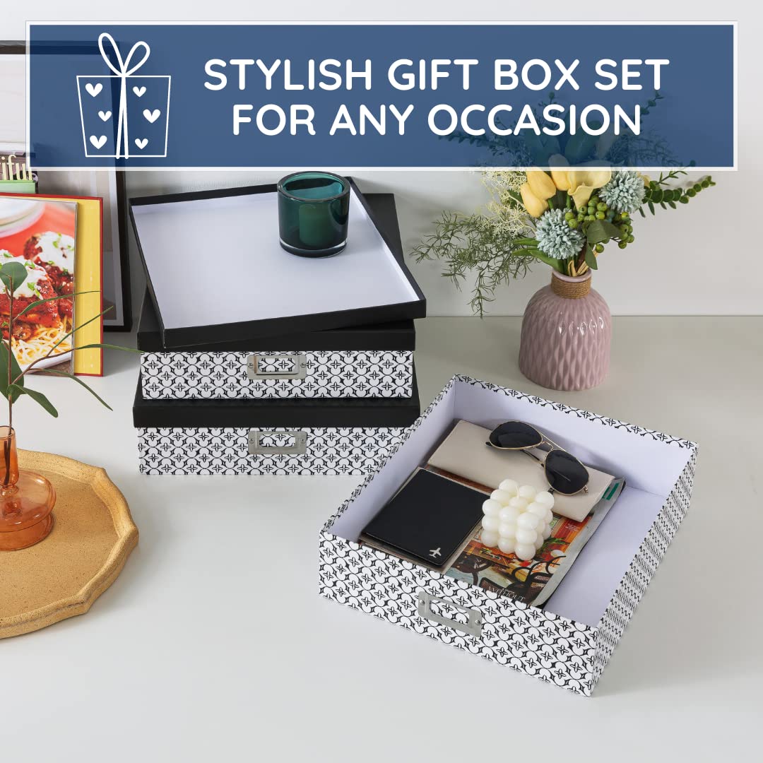 Soul & Lane Black and White Decorative Storage Boxes with Lids - Set of 3 Jumbo Organizer Boxes for Scrapbooking, Documents, Keepsakes & Memories - Modern Trellis Design for Home Office & Craft Room Organization