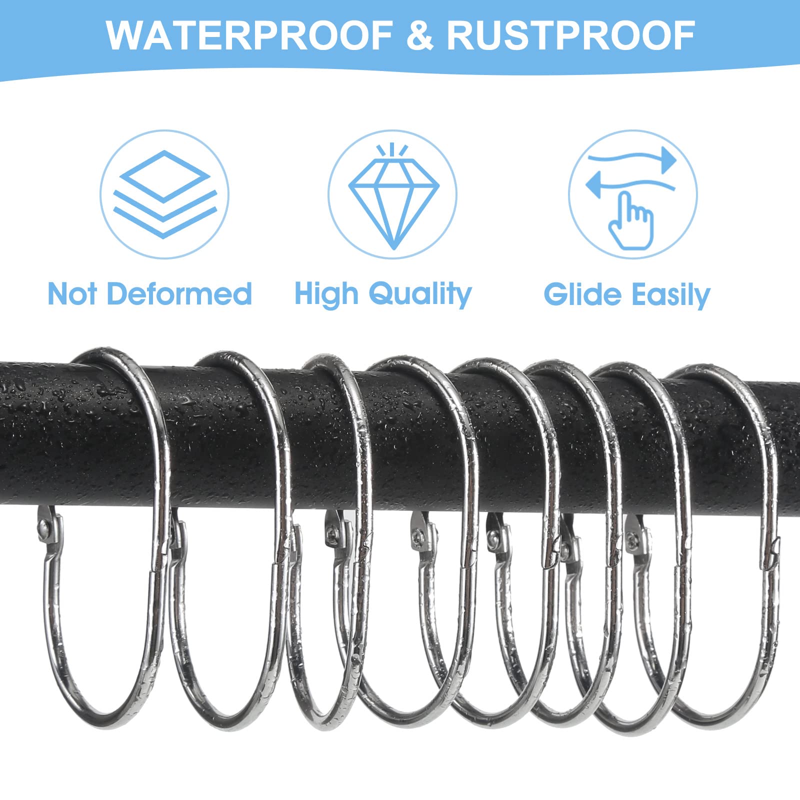 Goowin 12-Pack Rust-Proof Metal Oval Shower Curtain Hooks with Secure Clasp - Chrome Finish for Bathroom Shower Rods & Curtains | Durable & Stylish Bathroom Accessories for Home & Hotel Use