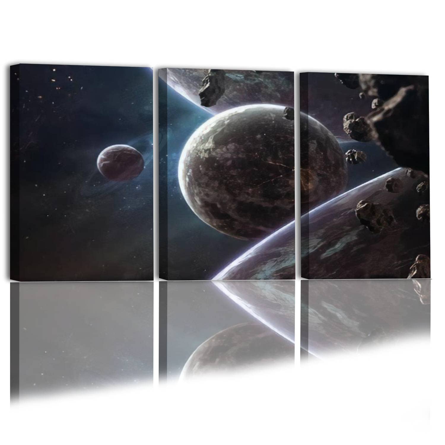 3 Piece Wall Art Canvas Painting - Planets, Glowing Stars & Asteroids Deep Space Sci-Fi Gallery Wrapped Modern Artwork for Living Room & Bedroom Décor - Ready to Hang | Perfect for Home Office, Dorm Room & Gift Giving