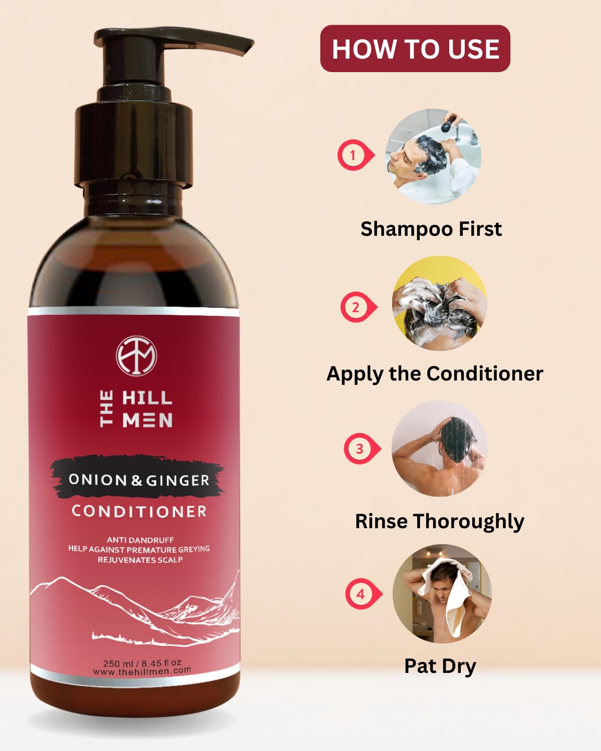 The Hill Men Onion & Ginger Hair Conditioner – Sulfate & Paraben Free, 250ml | Natural Hair Growth Treatment for Men | Frizz Control, Smoothing & Shine Booster | Strengthens & Repairs Damaged Hair | Alcohol-Free & Chemical-Free Formula | Ideal for Daily Use & Dry/Damaged Hair Care