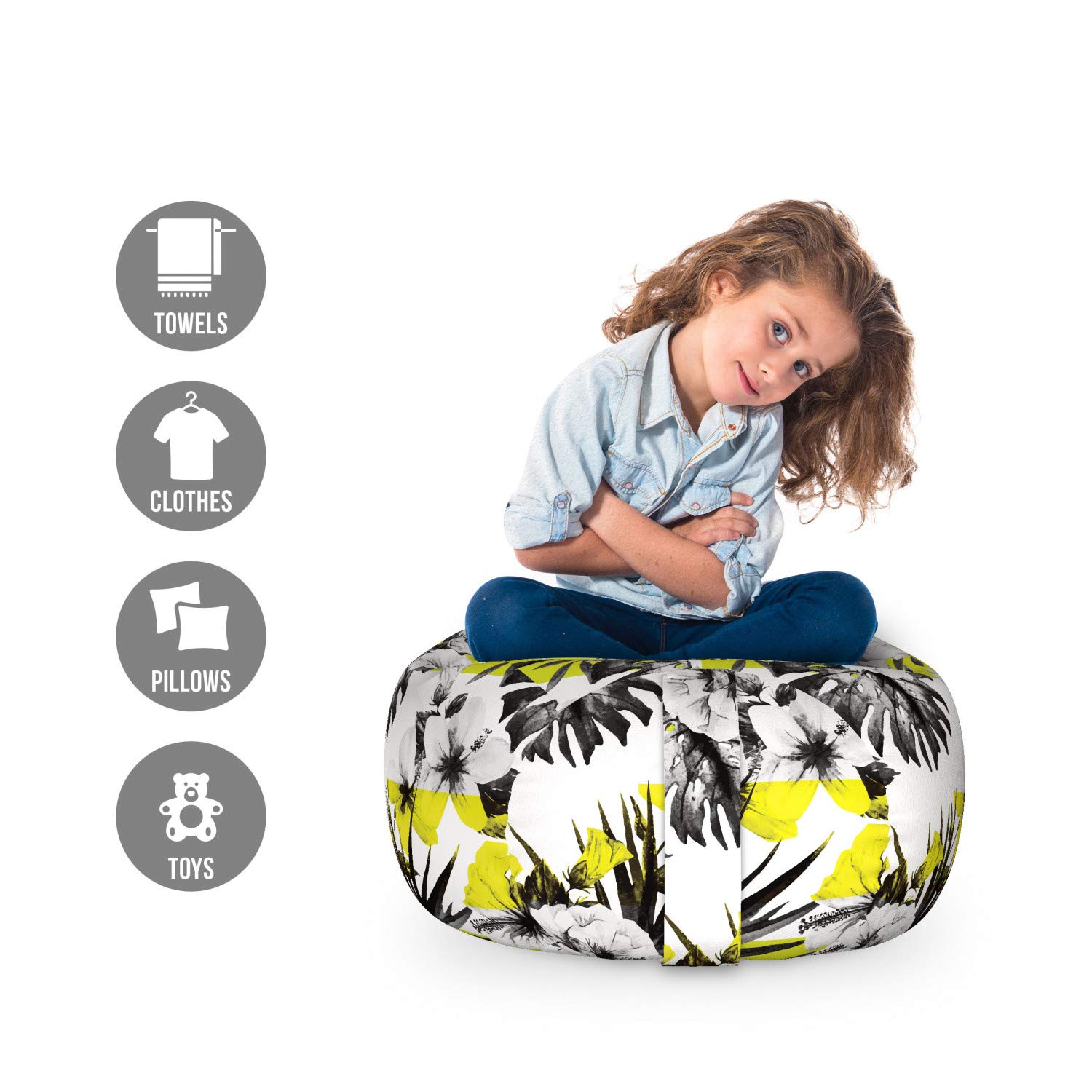 Ambesonne Floral Toy Storage Bag Chair - Modern Hibiscus Buds & Blossoms Design, Washable Stuffed Animal Organizer, Small Size in Charcoal Grey & Yellow - Perfect for Kids' Room, Nursery, or Playroom Organization