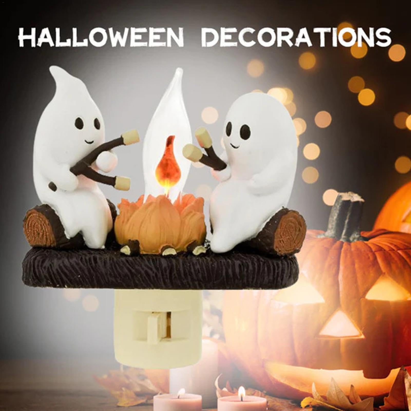 Ghost Bonfire Night Light - LED Halloween Lamp with 2 Ghosts Roasting Marshmallows, Flickering Campfire Effect, Plug-in Decor for Spooky Home & Party Use | Perfect for Halloween Decorations, Bedroom Nightlight, and Themed Parties
