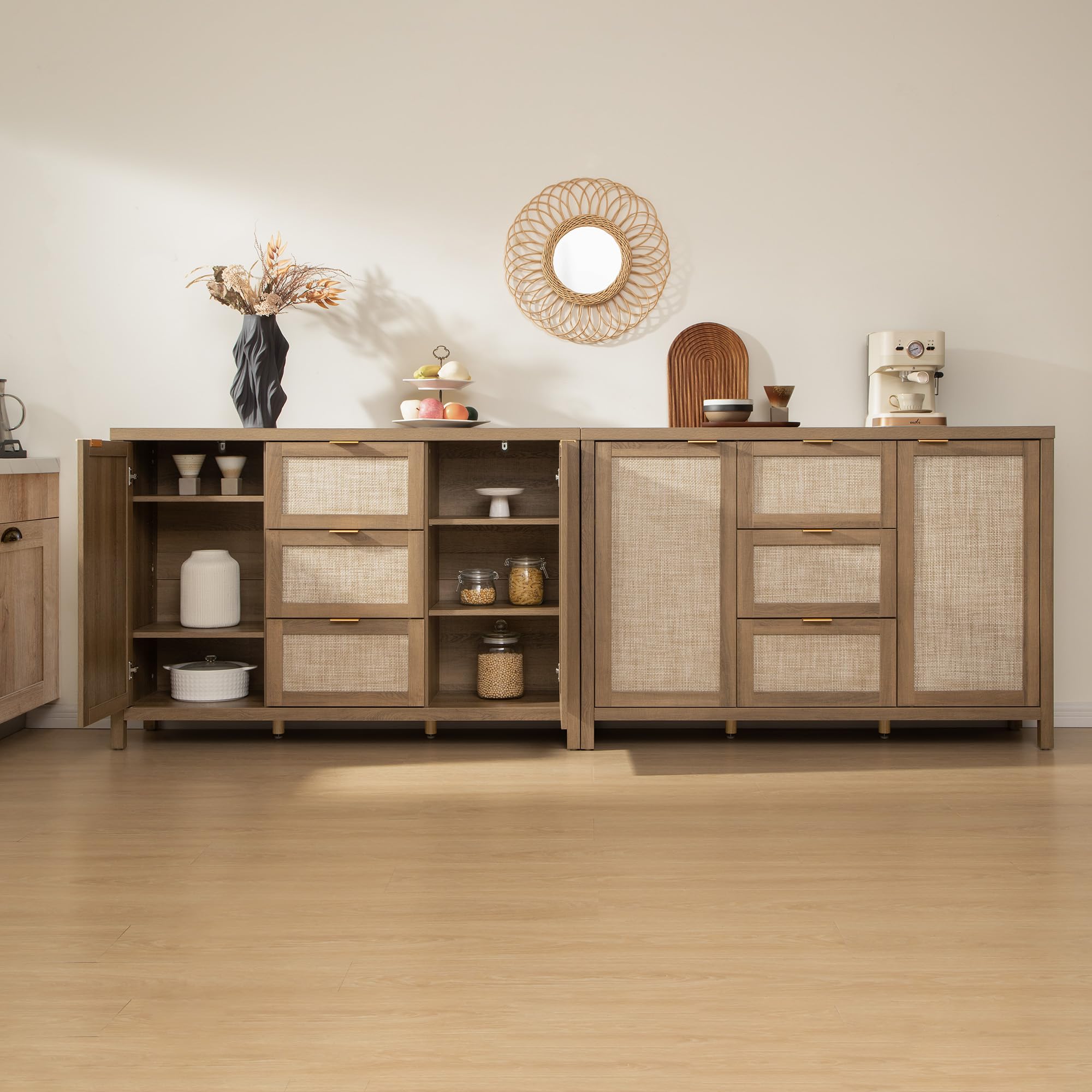 SICOTAS Rattan Large Sideboard Buffet Cabinet with Storage - Farmhouse Style Credenza with 3 Drawers & 2 Doors, Boho Wooden Console Coffee Bar Cabinet for Living Room, Kitchen, Entryway - Perfect for Home Decor, Storage Solution and Entertaining Guests