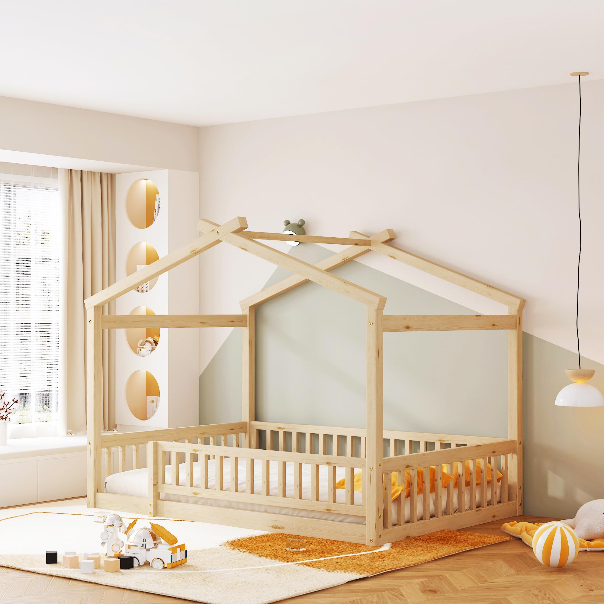 Montessori Floor Bed for Kids - Full Size Wood House Bed Frame with Safety Fence | Natural Wood Playhouse Bed | Toddler Floor Bed for Safe Sleep & Playtime Fun