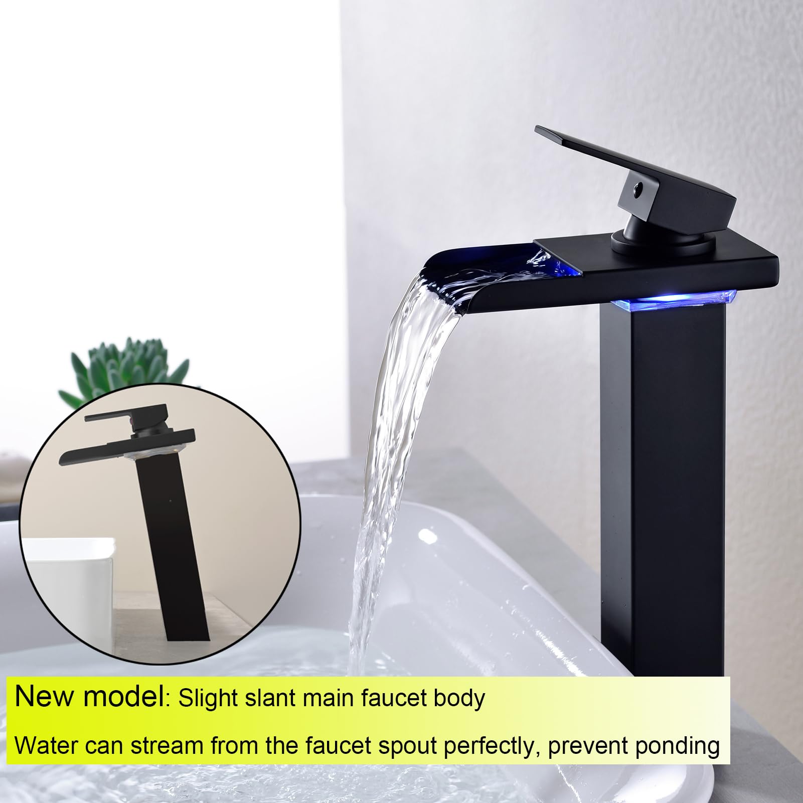 Ximlike Black LED Waterfall Bathroom Vessel Faucet - Single Handle Tall Brass Sink Faucet with Water Supply Hoses | Modern Bathroom Vanity & Vessel Sink Upgrade for Home & Hotel