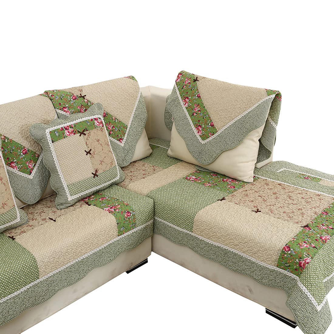 VCTOPS Bohemian Cotton Quilted Sectional Sofa Cover with Lace Trim - Floral Plaid Patchwork Couch Protector, Non-Slip & Ultra Soft Slipcover for Pets & Kids (Green, 36x36 Inches) - Perfect for Living Room, Bedroom & Home Decor