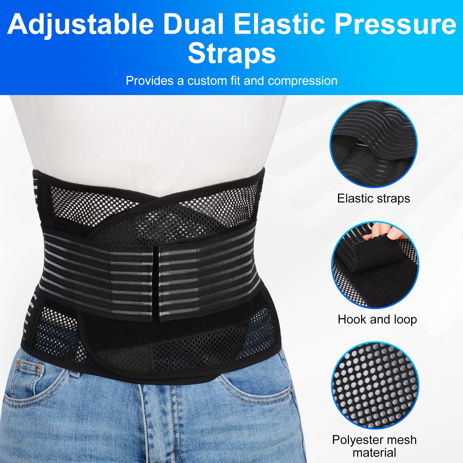**Supregear Adjustable Breathable Lower Back Brace for Men & Women - Lumbar Support Belt for Back Pain Relief, Herniated Disc, Sciatica, Scoliosis - Black (Large) - Ideal for Workouts, Office & Daily Activities**