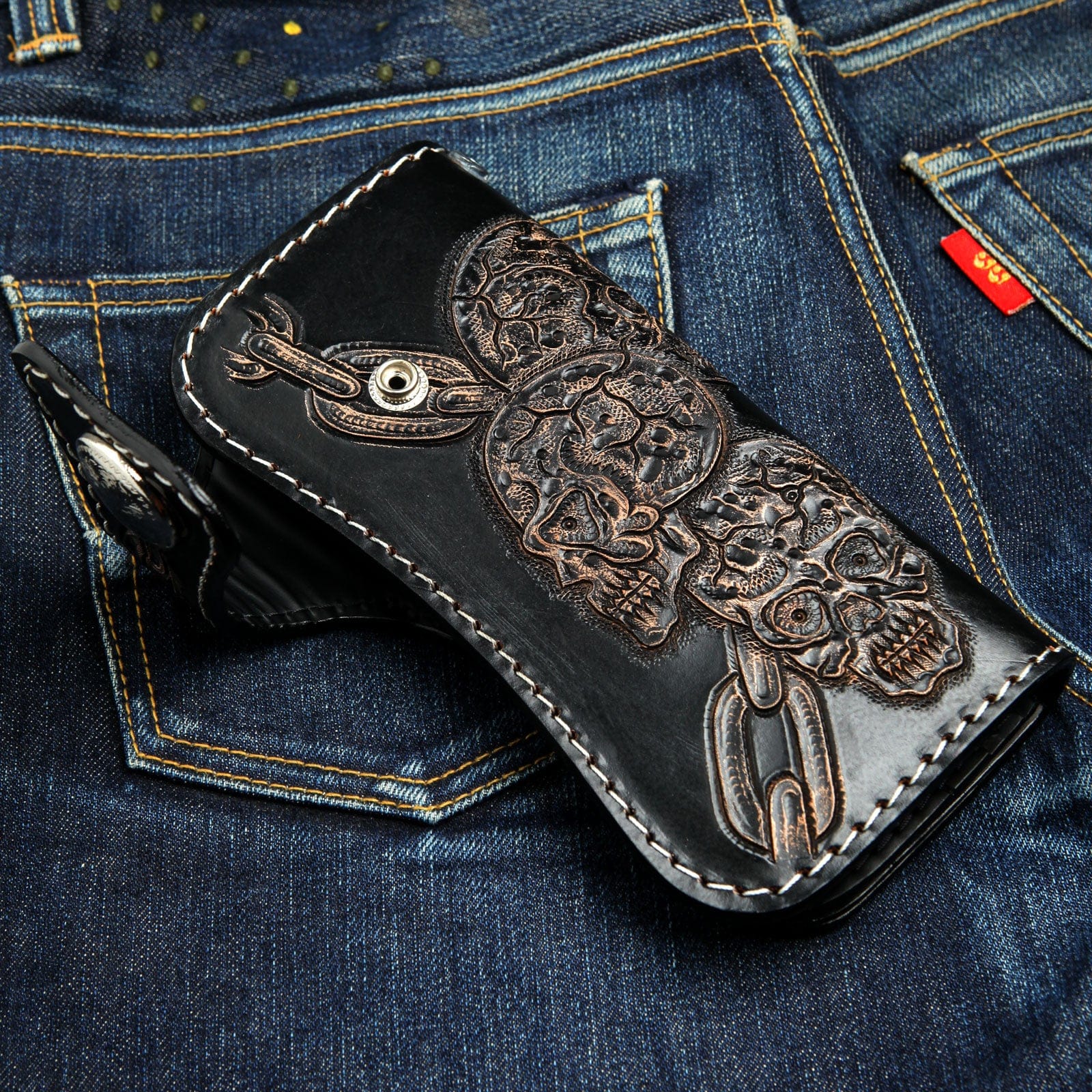 Black Genuine Leather Devil Skull Biker Wallet - Gothic Motorcycle Wallet for Men - Perfect for Bikers, Riders & Rock Fashion Enthusiasts