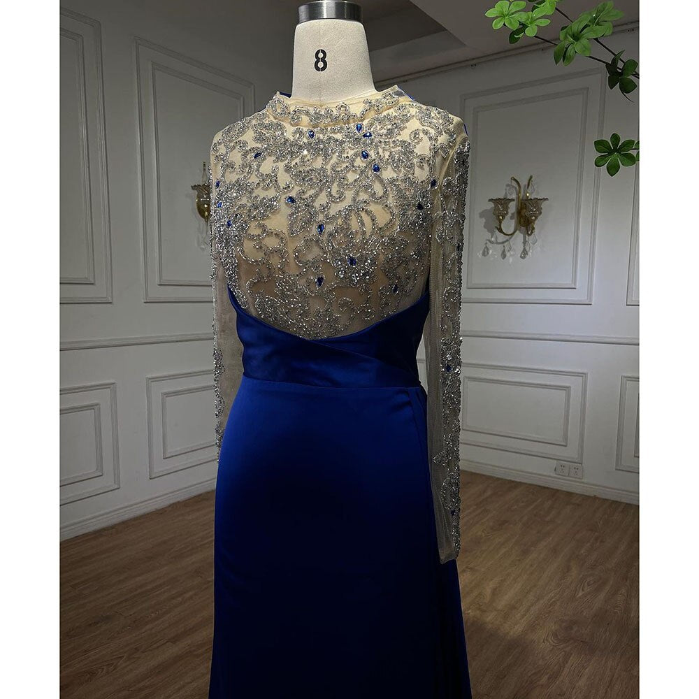 Elegant Muslim Blue Mermaid Evening Dress with Beaded Details - Long Formal Gown for Women - Wedding, Party & Special Occasions - Serene Hill Collection 2025 LA72107 - Perfect for Bridal Showers, Galas and Red Carpet Events