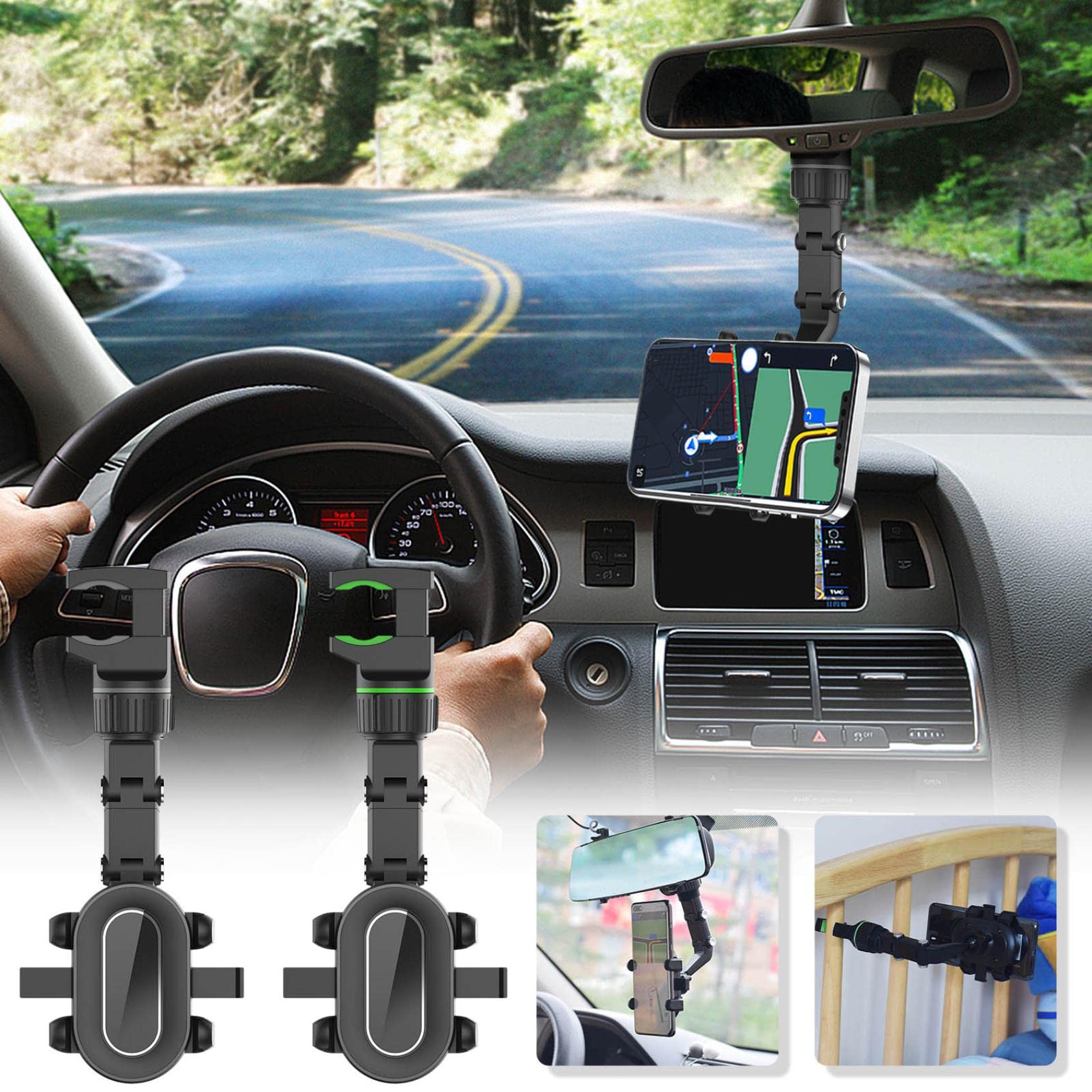 Crazypig 360° Rotating Car Phone Mount - Universal Rearview Mirror Clip Holder for iPhone, Samsung & Smartphones - Easy Install GPS Navigation Stand for Driving, Kitchen & Home Use (Green)