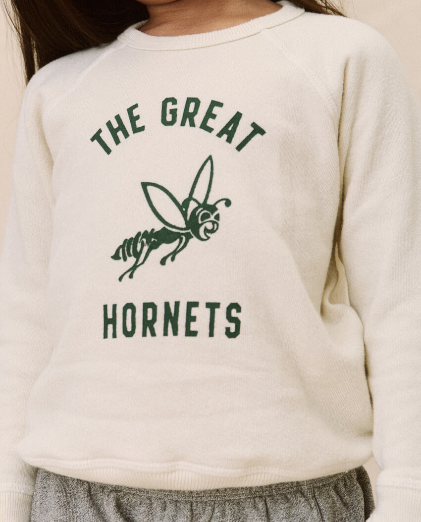 Vintage Washed White College Sweatshirt with Hornet Graphic - Cozy Pullover for Campus Life, School Spirit & Casual Outfits