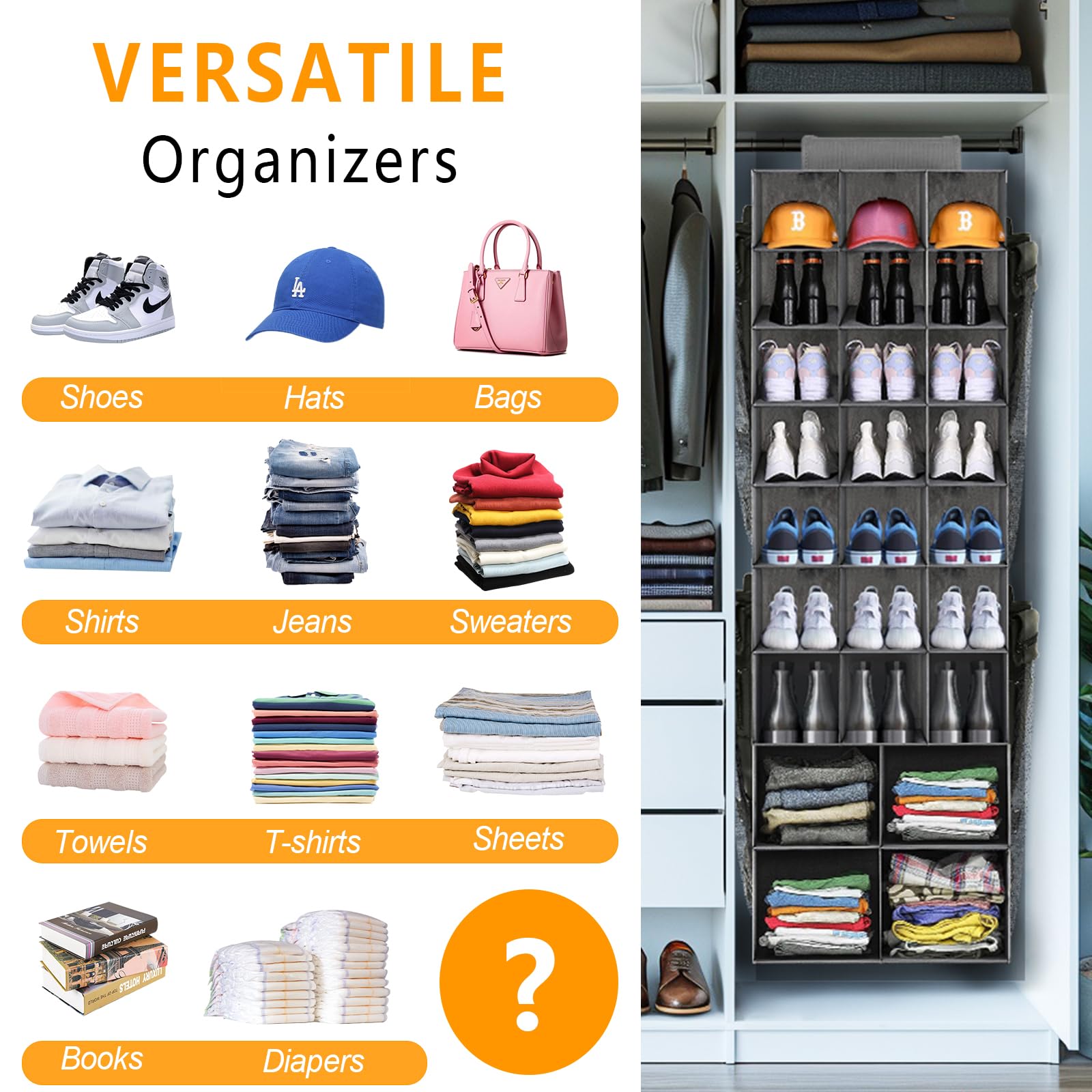 Space-Saving Hanging Shoe Organizer for Closet - 25-Pocket Collapsible Shoe Storage Rack with 4 Large Side Pockets | Perfect for Organizing Shoes, Hats, Clothes & Accessories | Ideal for Small Closets, Dorm Rooms & Apartment Storage (Gray)