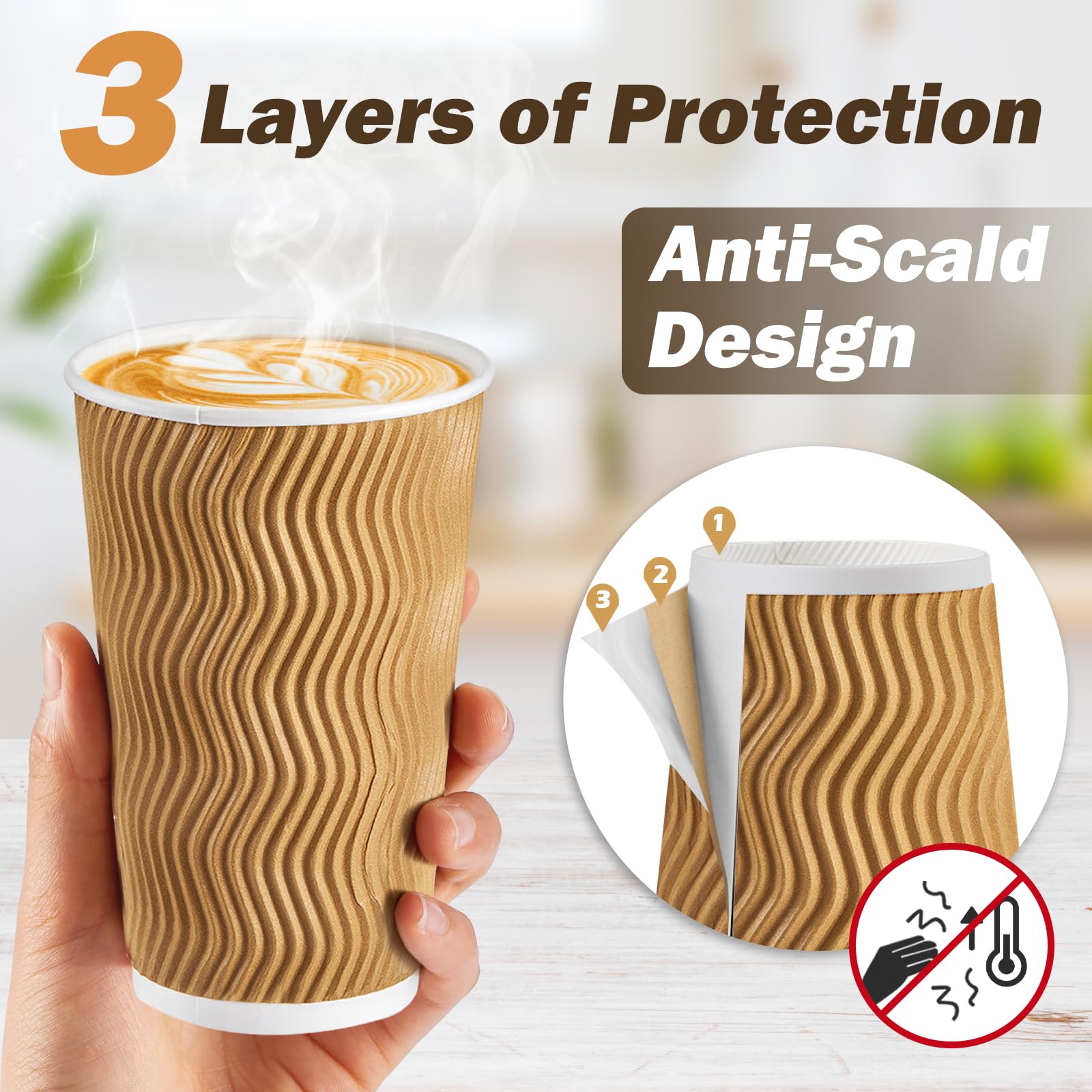 80 Pack 16oz Disposable Coffee Cups with Lids & Straws - Insulated Paper Hot/Cold Drink Cups, Corrugated Ripple Wall Design for Coffee, Tea, Hot Chocolate, Juice, Smoothies - Perfect for Cafes, Offices, Parties, and Takeout