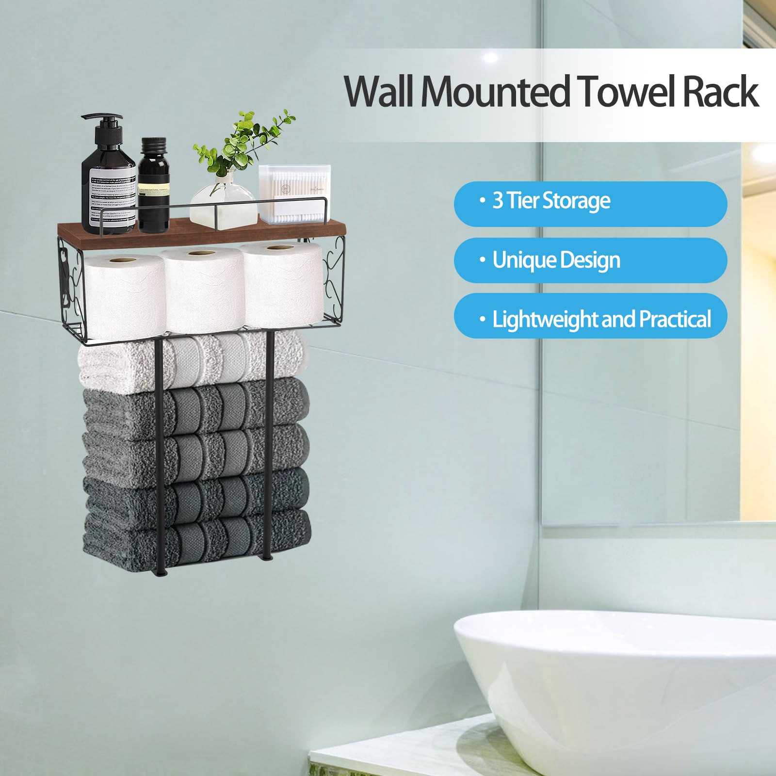 Rustic Wooden Towel Rack for Bathroom - Wall Mounted Towel Holder with Natural Wood Shelf & Wire Basket - Space Saving Storage for 4 Rolled Towels - Perfect for Small Bathrooms, Farmhouse Decor & Organized Home (Multiple Storage, Floating Shelves)