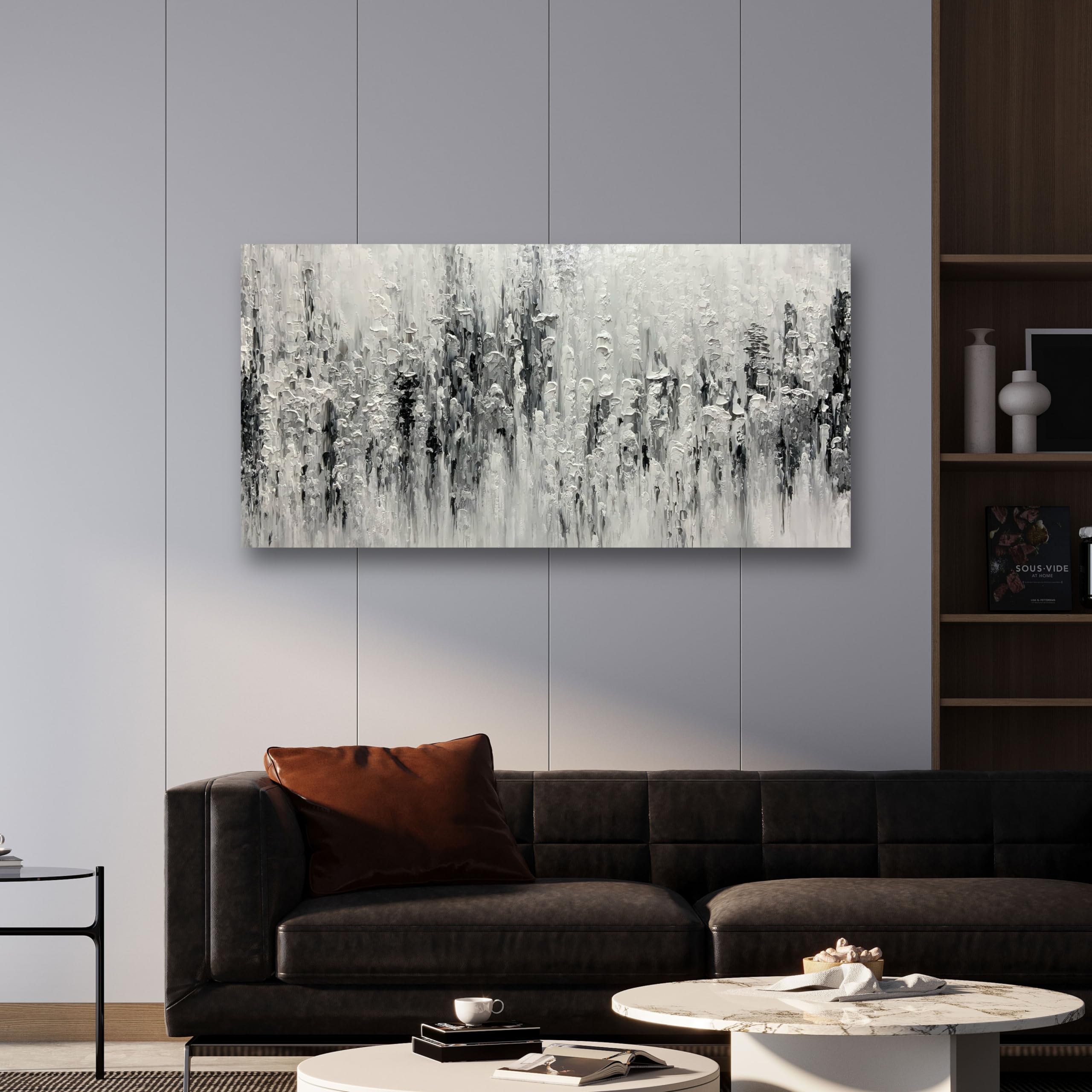 Modern Abstract Hand Painted Oil Painting - 24x48 Inches Black & White Canvas Art with Wood Frame - Wall Decor for Living Room, Bedroom, Office & Dining Room - Unique Home Decor Gift Idea