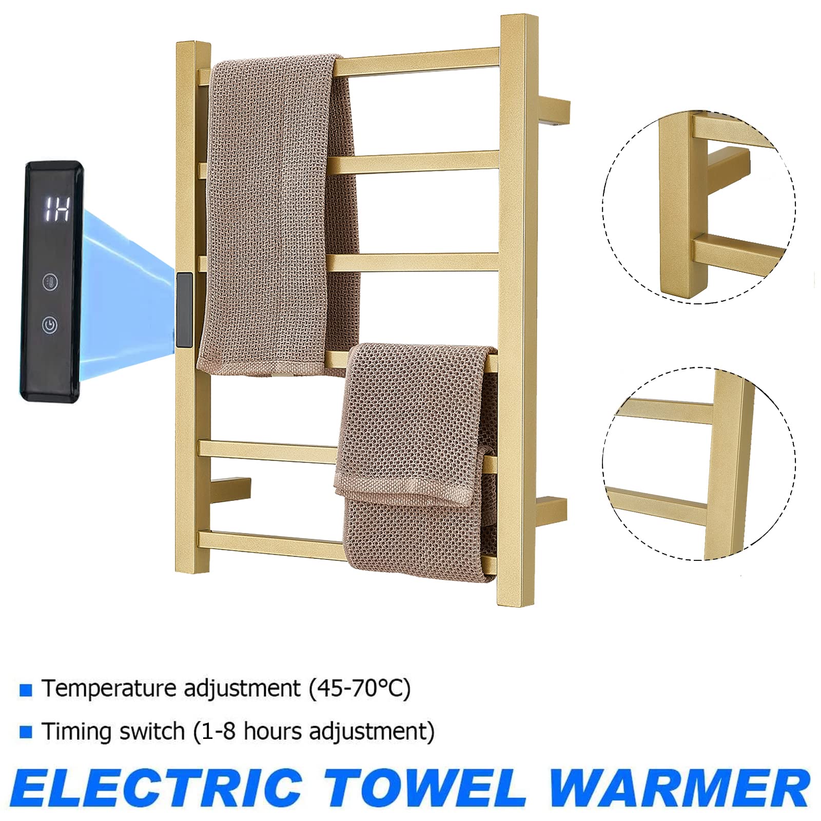 Electric Heated Towel Warmer Rack - 6 Bars Stainless Steel Wall Mounted Rail with Timer | Gold Bathroom Accessories | Hardwired Home Radiator for Spa, Luxury Hotels & Cozy Bathrooms