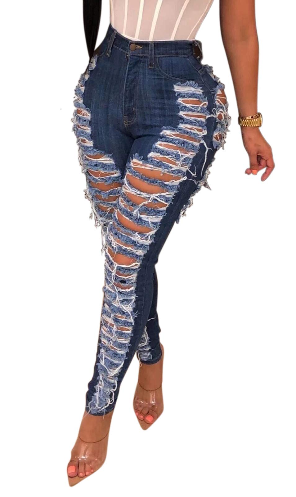 Women's Skinny Ripped Jeans - Stretch Destroyed Denim Pants with Mid High Waist | Perfect for Casual Outfits, Streetwear & Everyday Wear