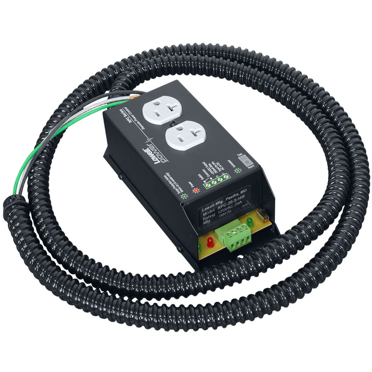 Lowell RPC-20-SHW 20A Remote Power Control Unit with Surge Protection - Hardwired Installation, 6ft Non-Metallic Conduit - Steel Chassis (Black) - Perfect for Server Rooms, Data Centers & AV Equipment Power Management