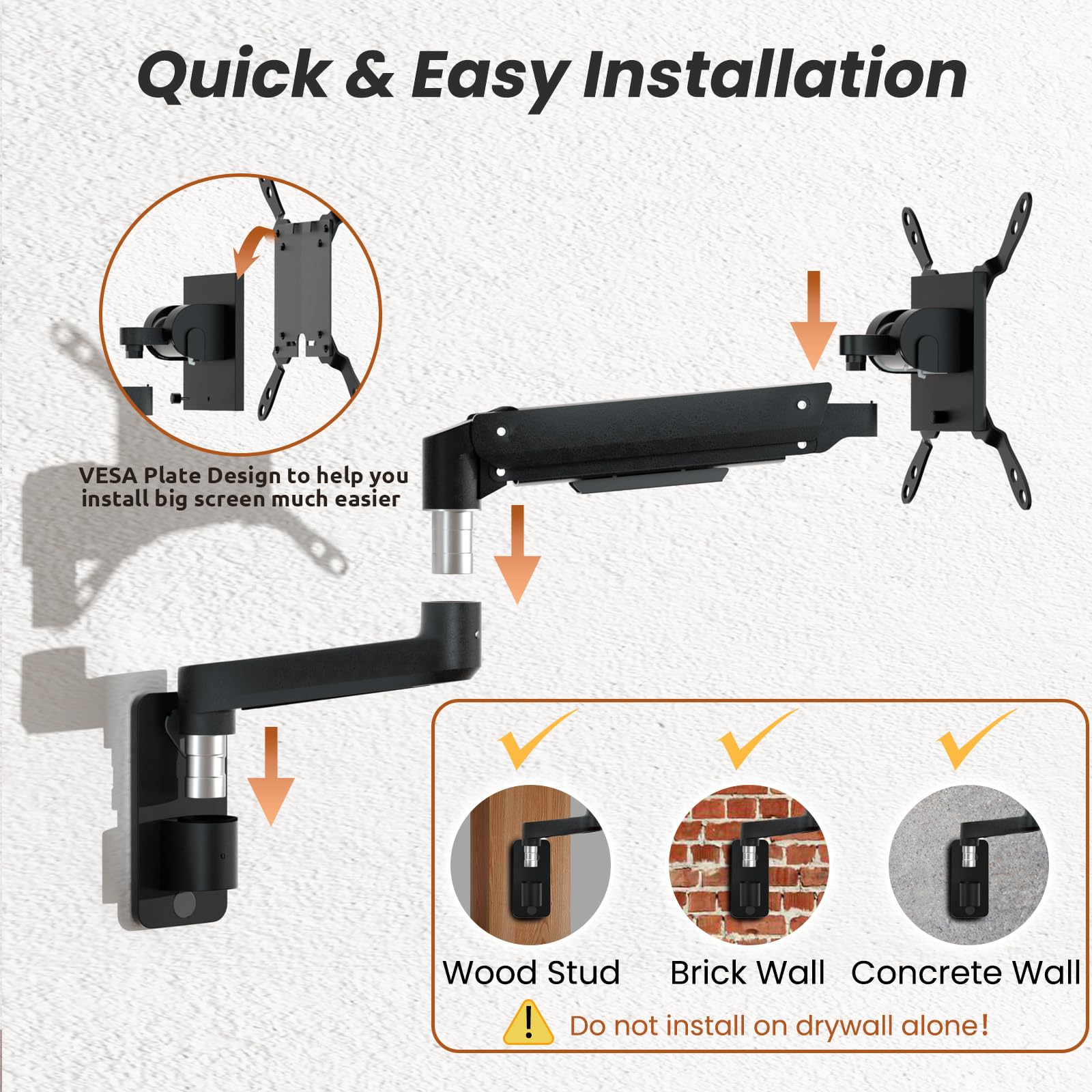 PUTORSEN Premium Ultrawide Monitor Wall Mount 17-49 inch - Heavy Duty Single Monitor Arm Supports up to 44lbs - Fully Adjustable VESA 75/100/200 Wall Mount Stand (Black) - Perfect for Home Office, Gaming Setup & Workspace Ergonomics