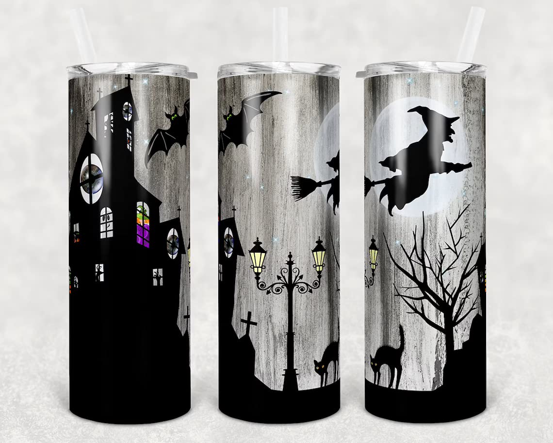 20oz Haunted House Witches Halloween Skinny Tumbler - Insulated Stainless Steel Travel Mug for Coffee & Tea - Perfect Gift for Women, Men, Friends & Moms - Great for Halloween Parties, Office Use & Daily Commutes