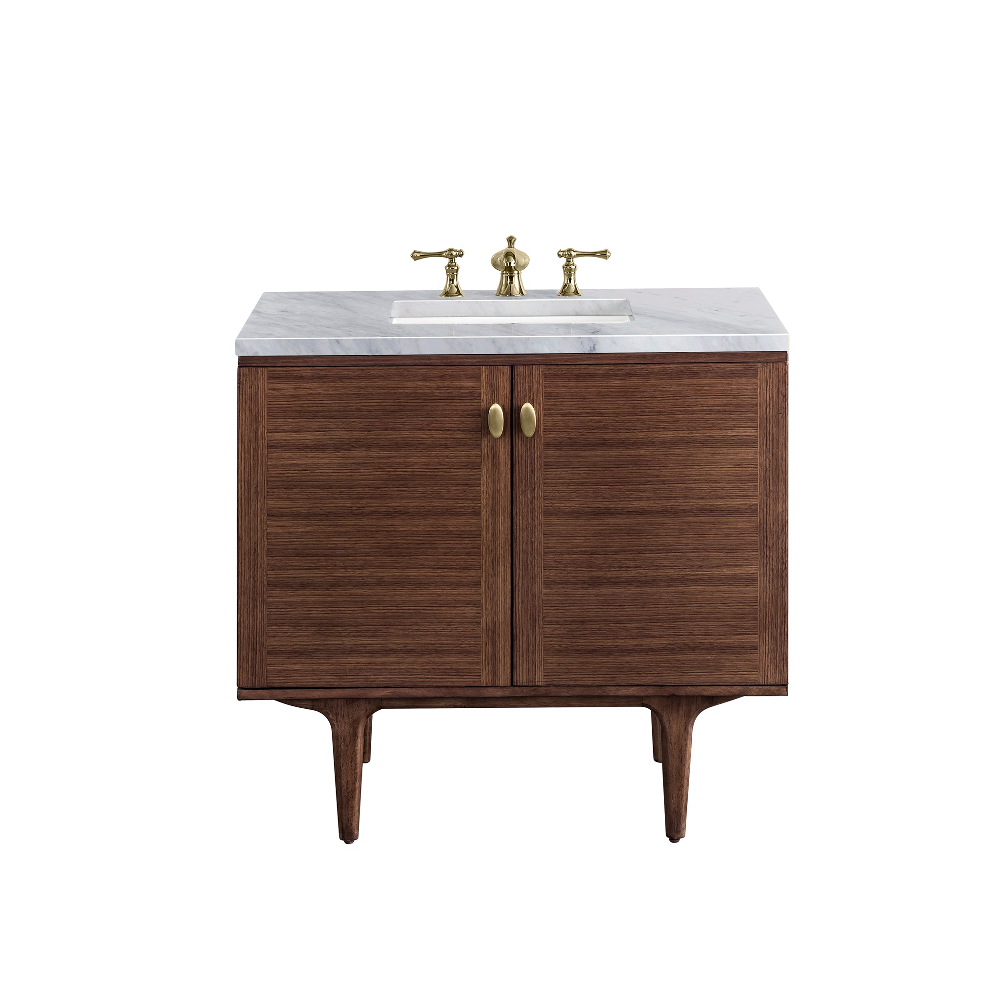 Amberly 36 Inch Single Bathroom Vanity with Mid Century Walnut Finish & 3CM Carrara Marble Top - Perfect for Modern Farmhouse, Coastal, or Scandinavian Style Bathrooms