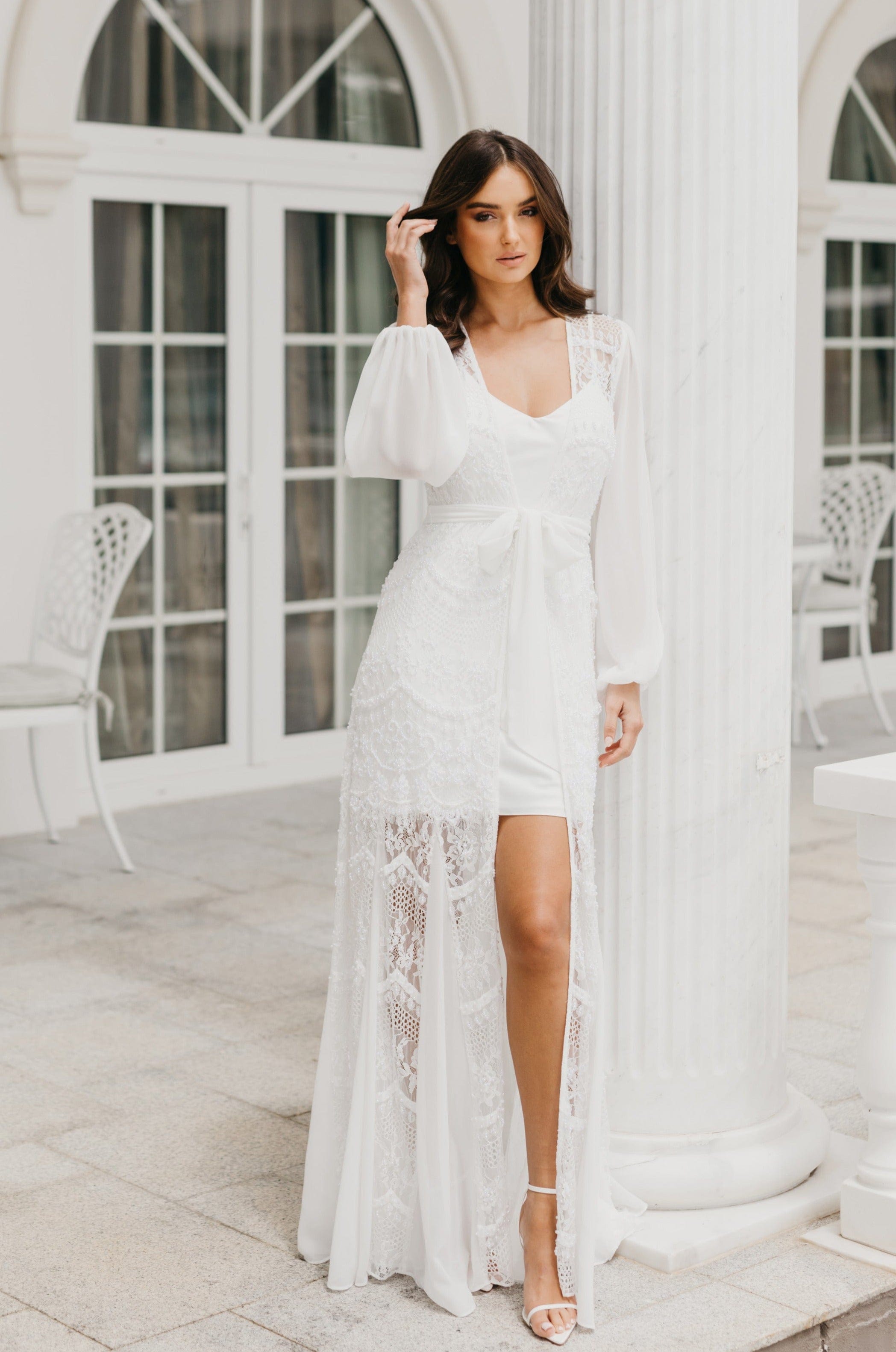 Elegant Hand-Beaded Pearl Maxi Bridal Robe with Slip - Perfect for Wedding, Bridal Shower & Honeymoon Getaway